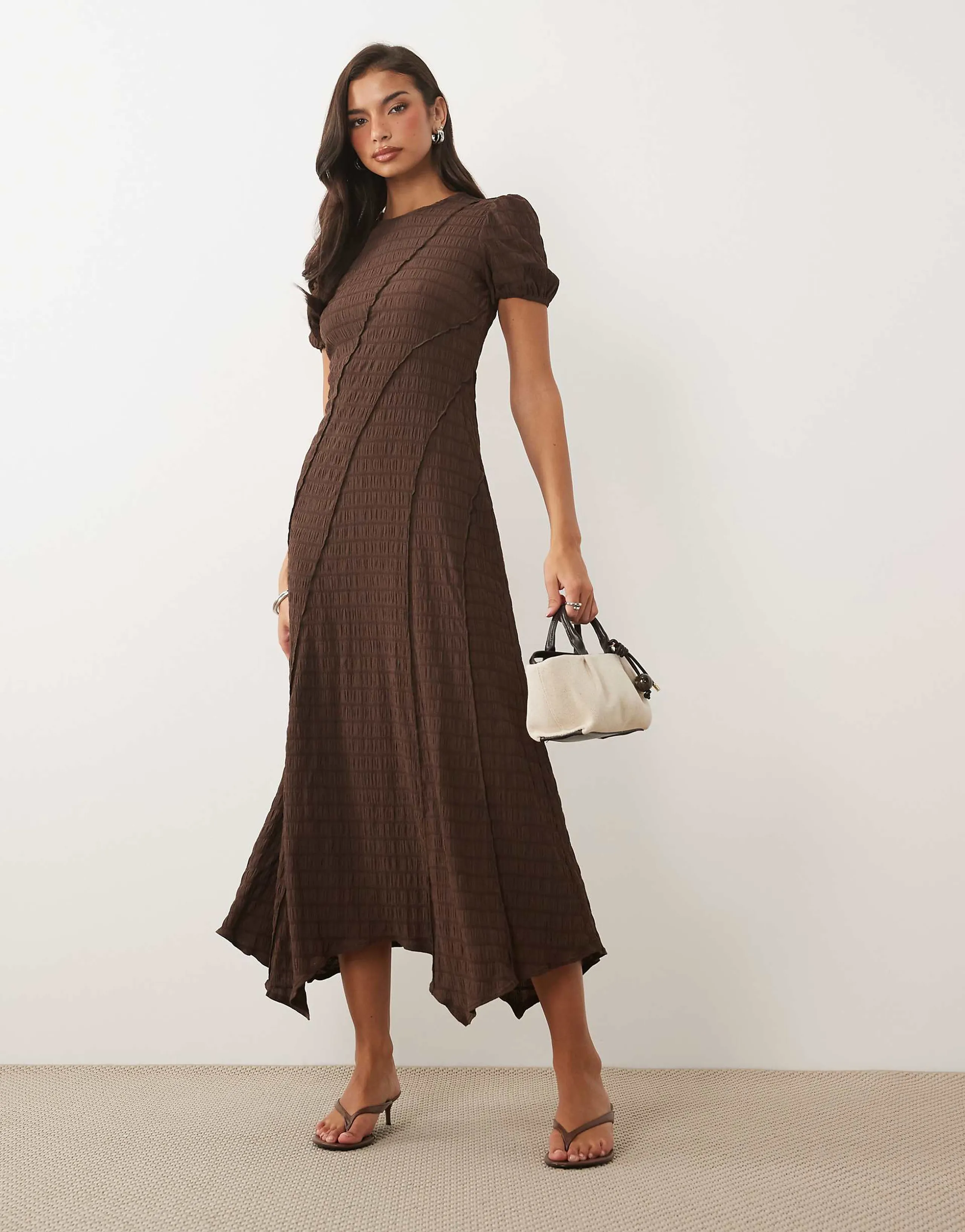 Nobody's Child Cassandra textured seam detail puff sleeve hanky hem midi dress in brown