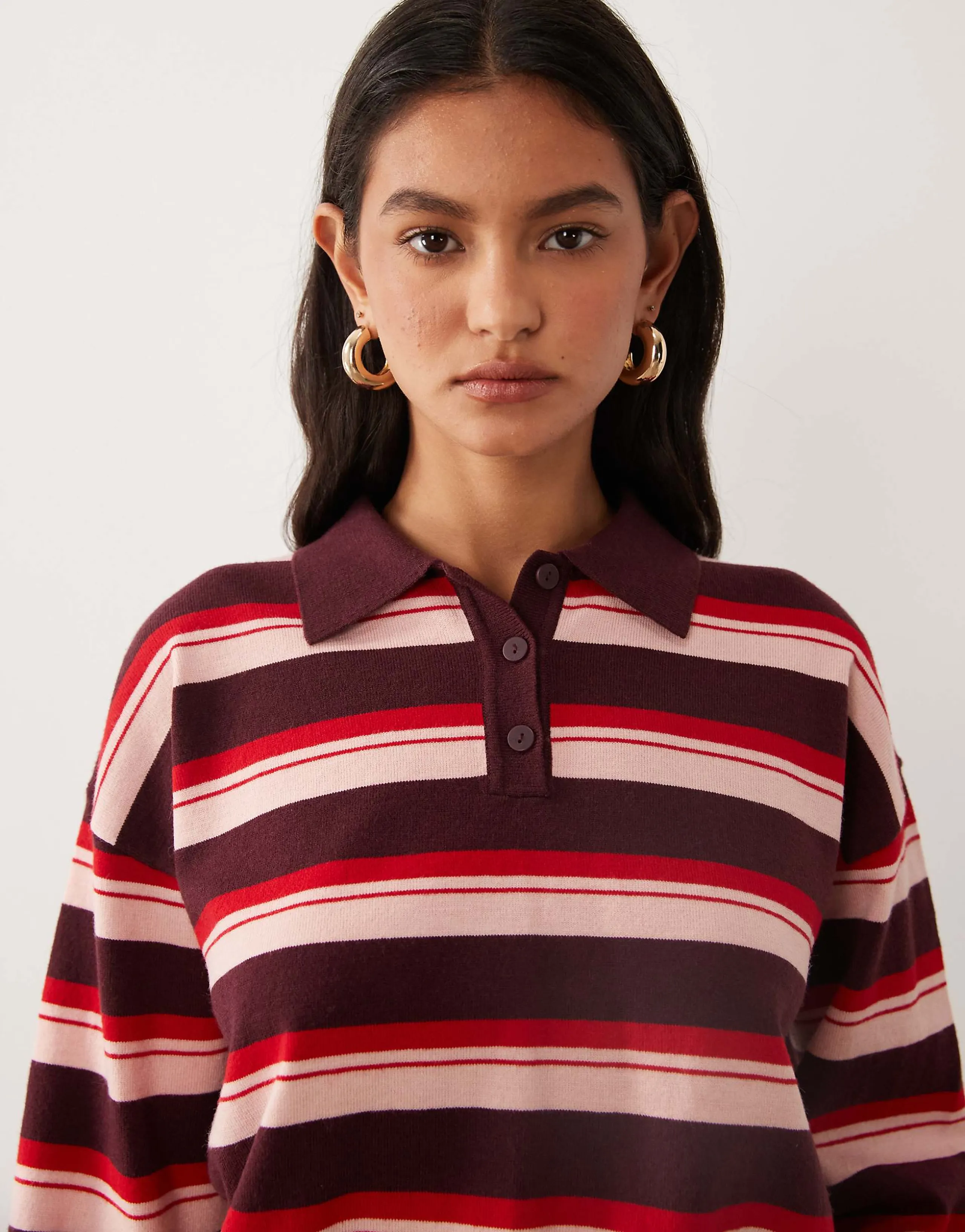 Cotton On boxy long sleeve polo knit top in bold striped print