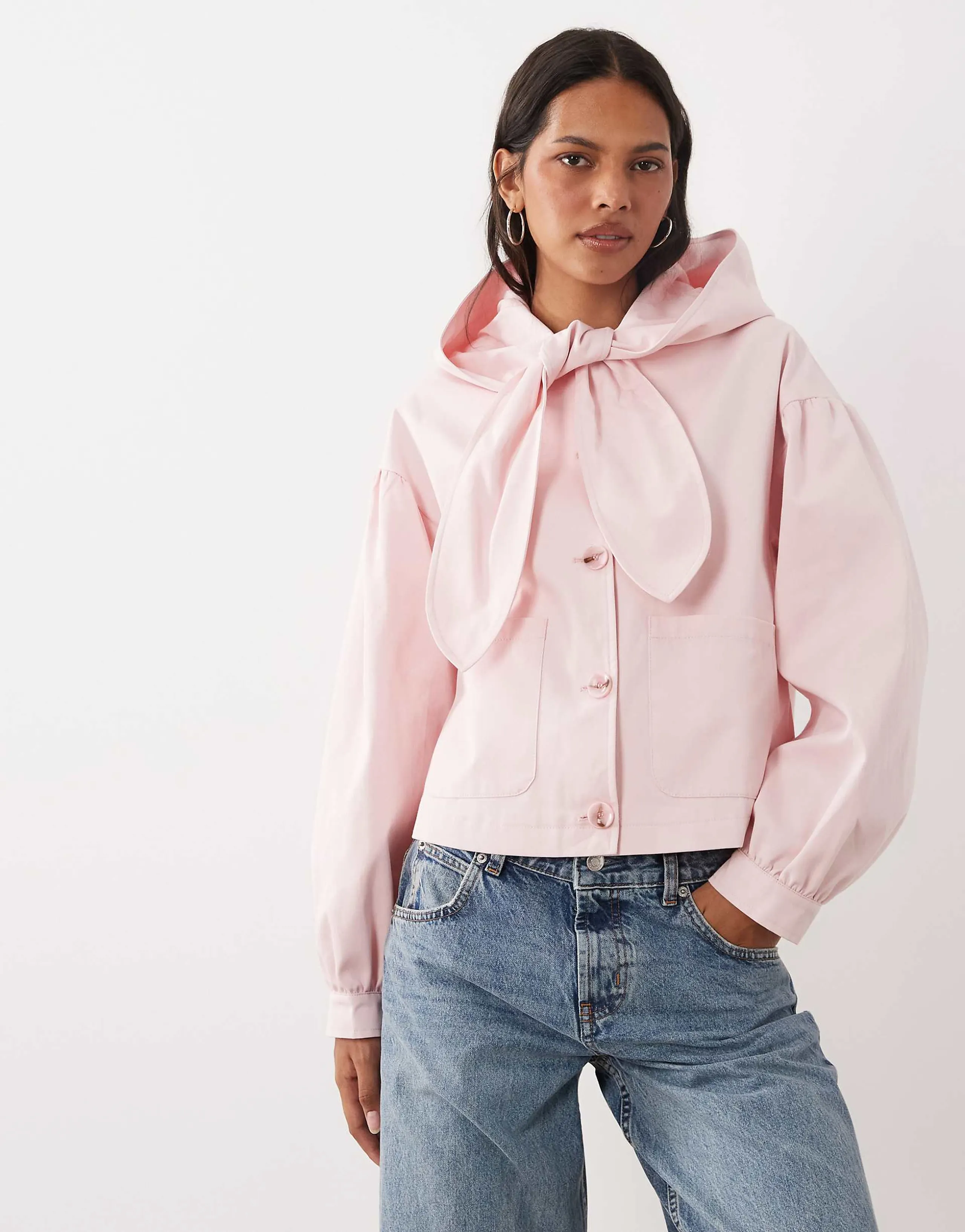 Miss Selfridge cropped trench coat with tie neck detail and hood