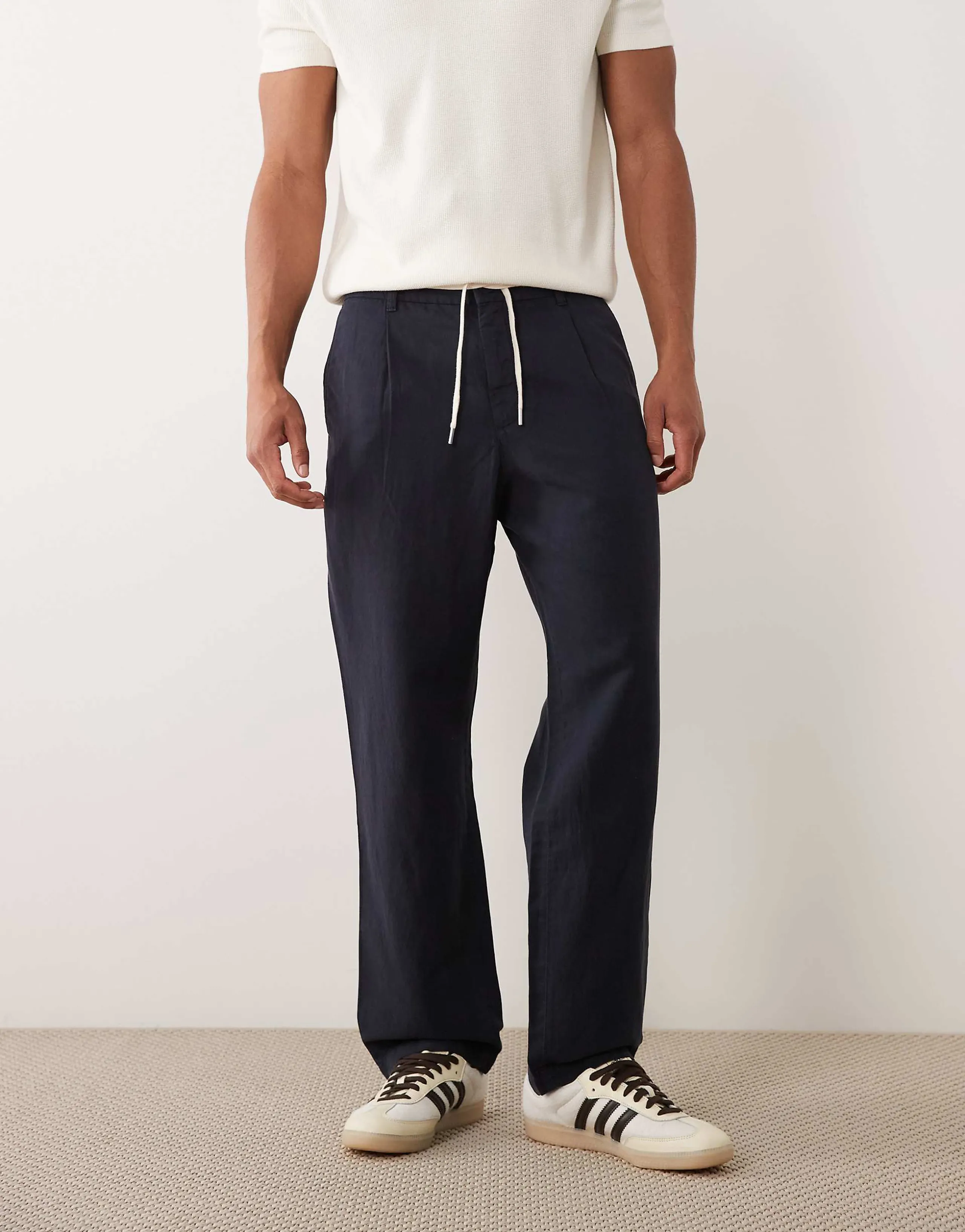 Mango linen blend straight leg drawstring pants in navy