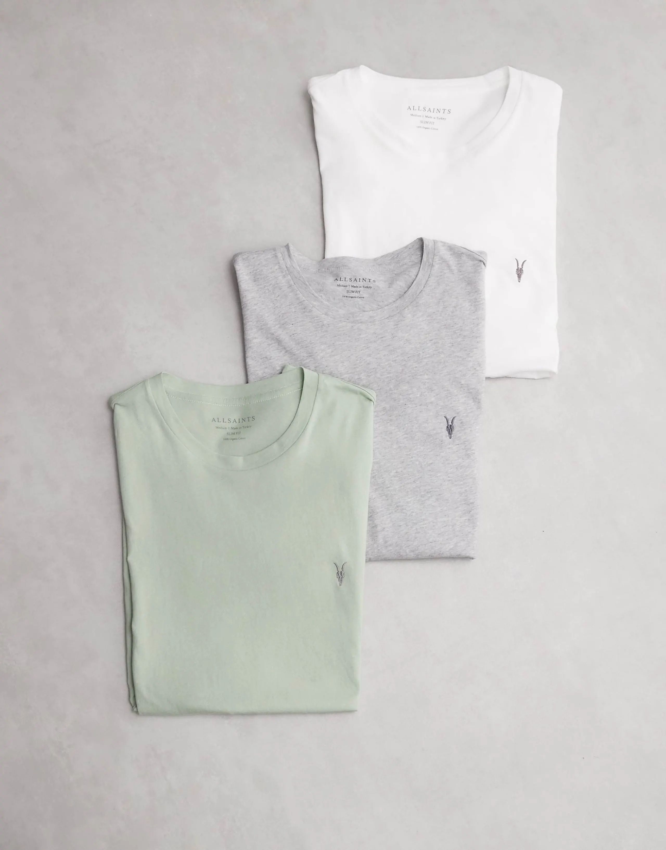 AllSaints Tonic 3 pack short sleeve logo T-shirt in green, white and gray
