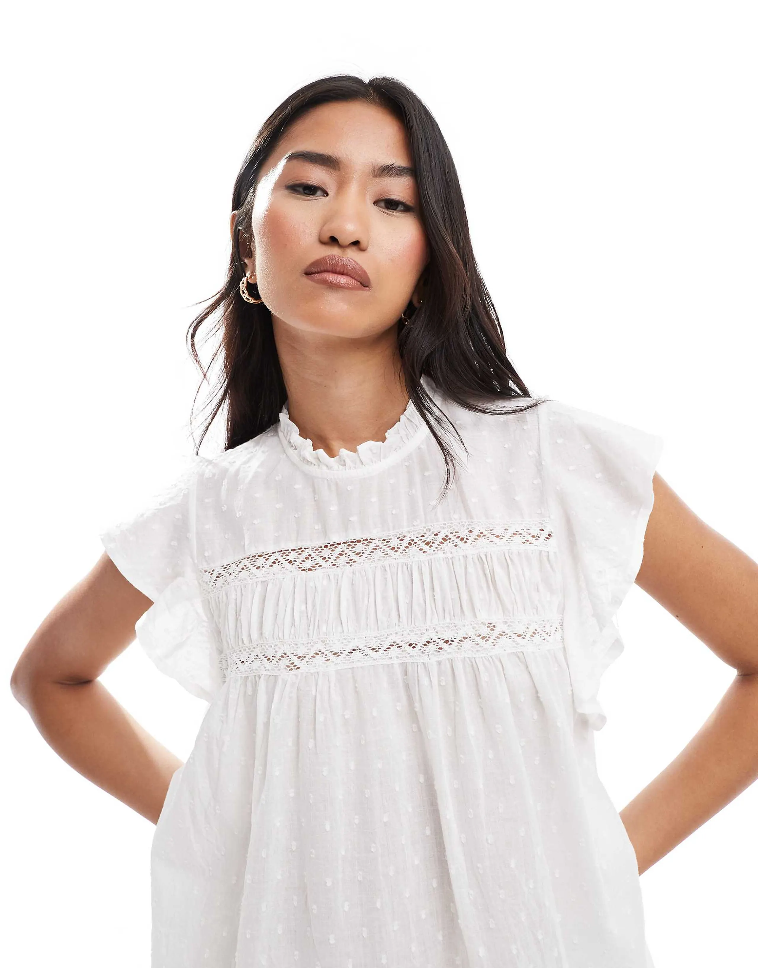 ONLY textured detailing frill sleeve top in white