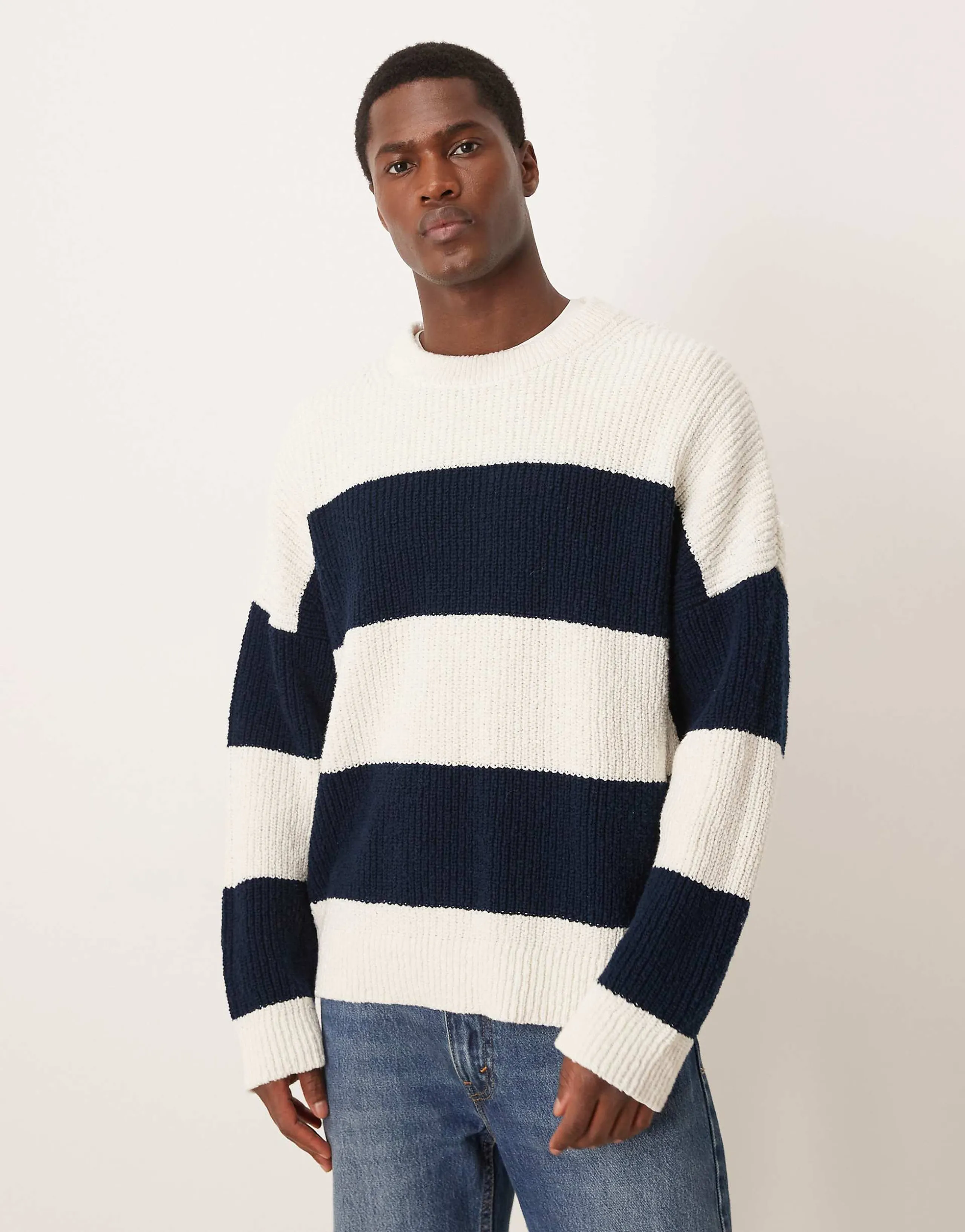 ARKET pure cotton breton striped crew neck sweater in white and navy