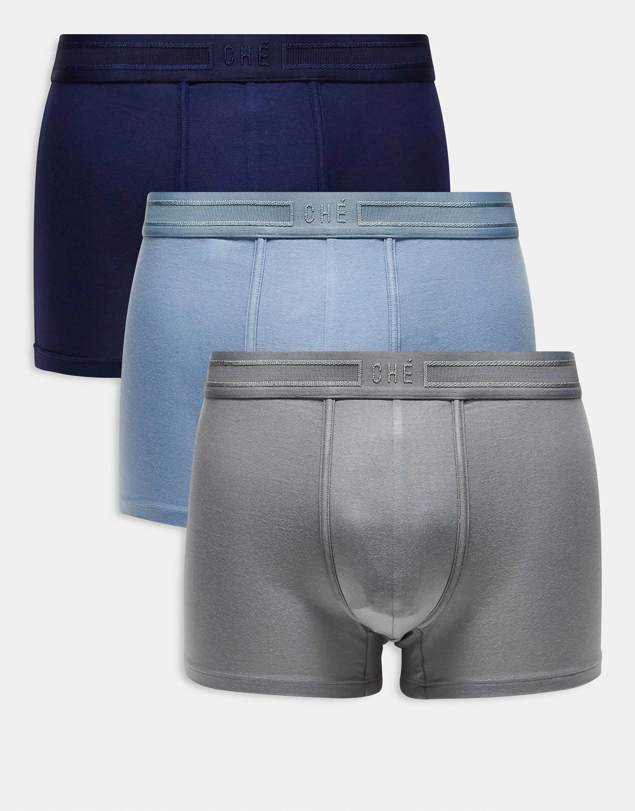 Che Studios 3 pack boxer briefs with tonal waistband in navy, blue and gray