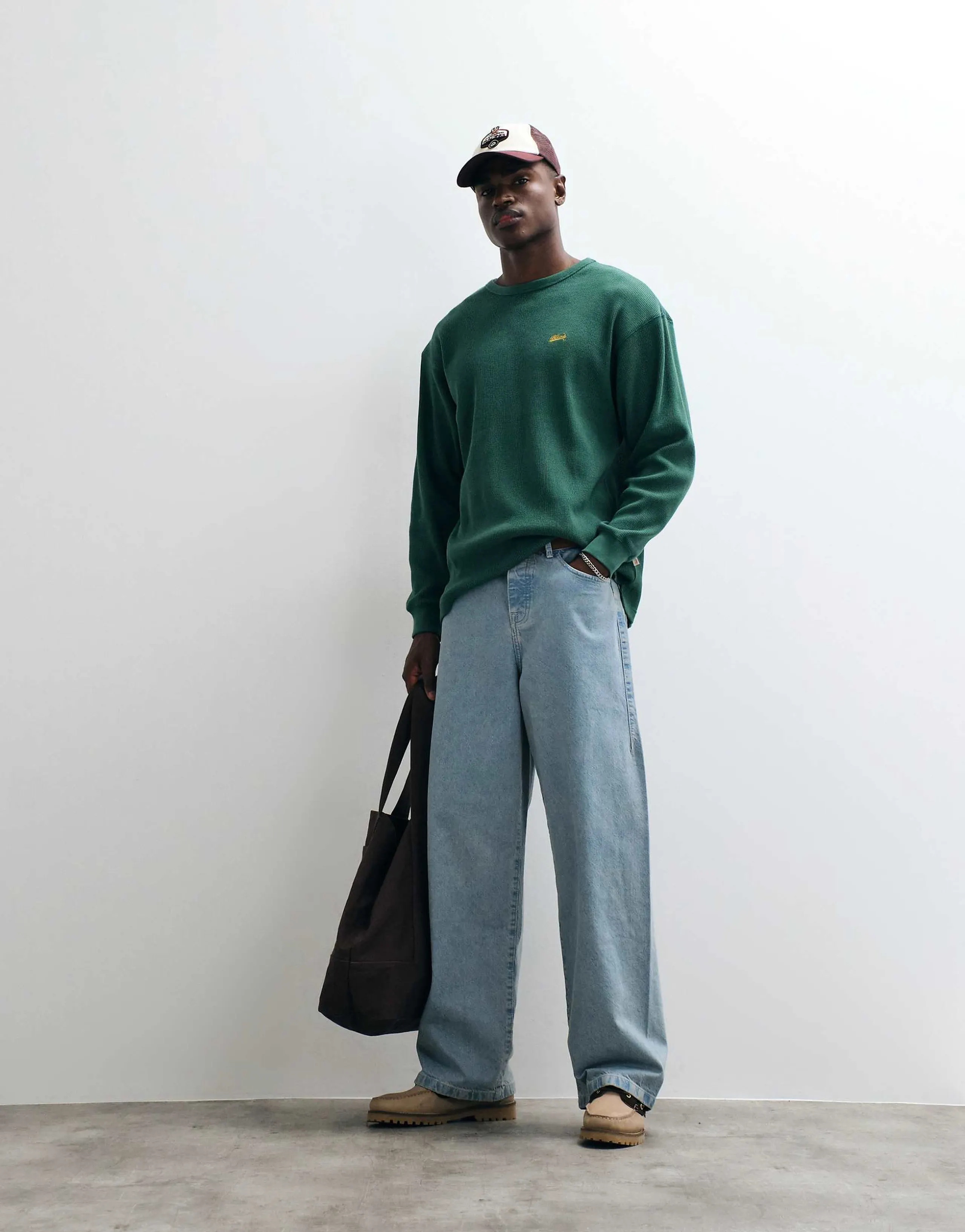 BLKVIS cursive logo waffle knit long sleeve t-shirt in green
