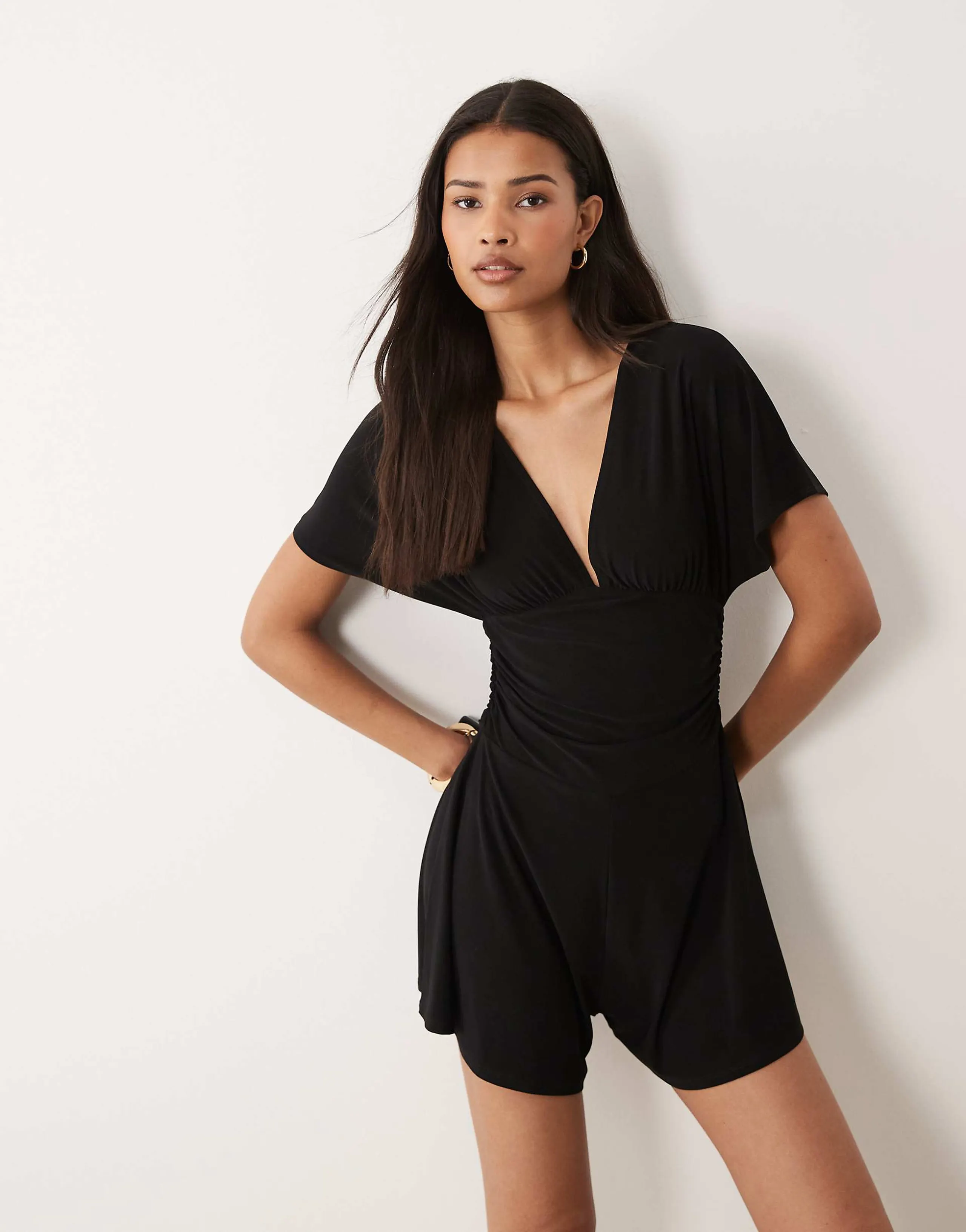 Miss Selfridge deep v-neck romper in black