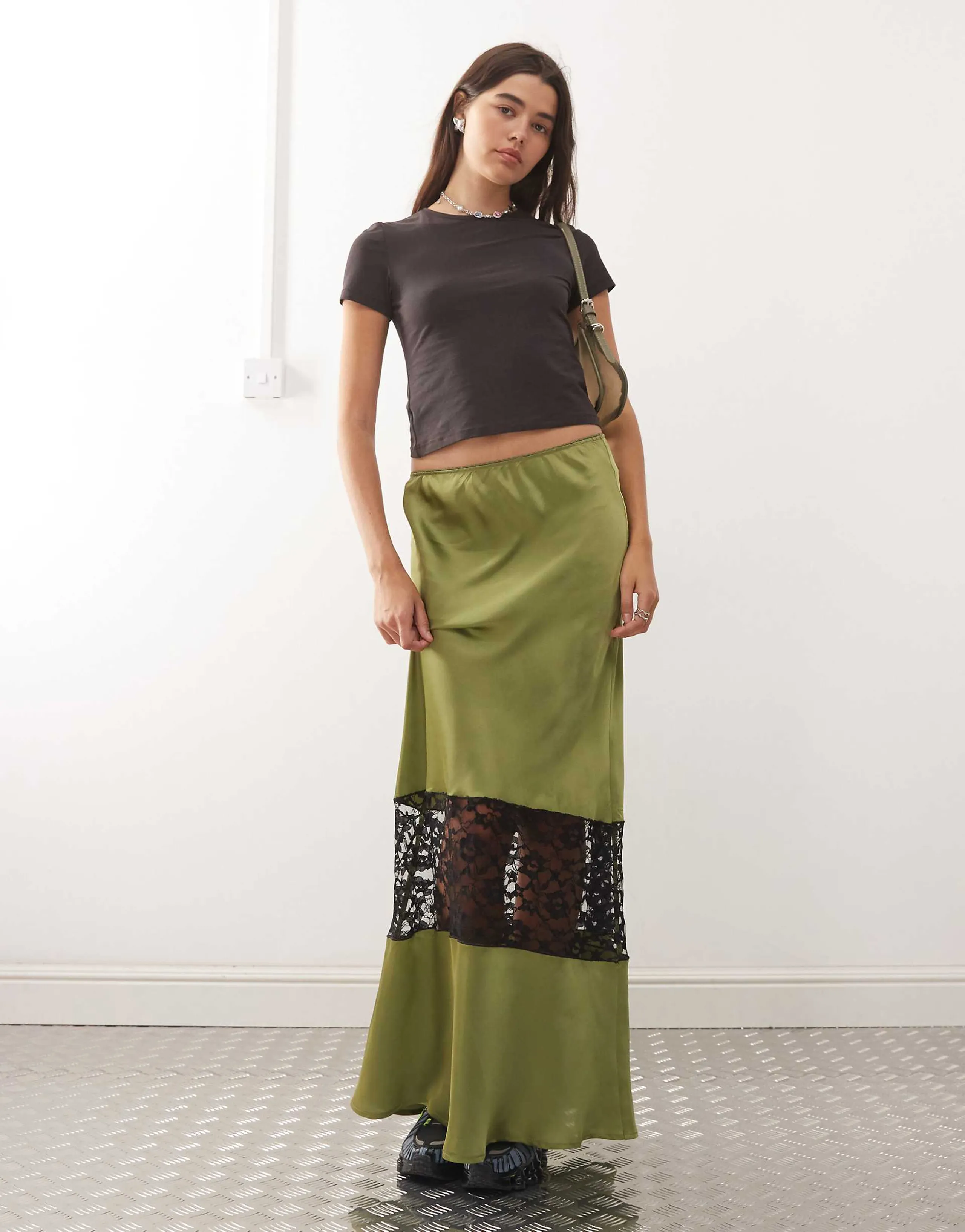 Reclaimed Vintage satin midi skirt with lace insert in olive green