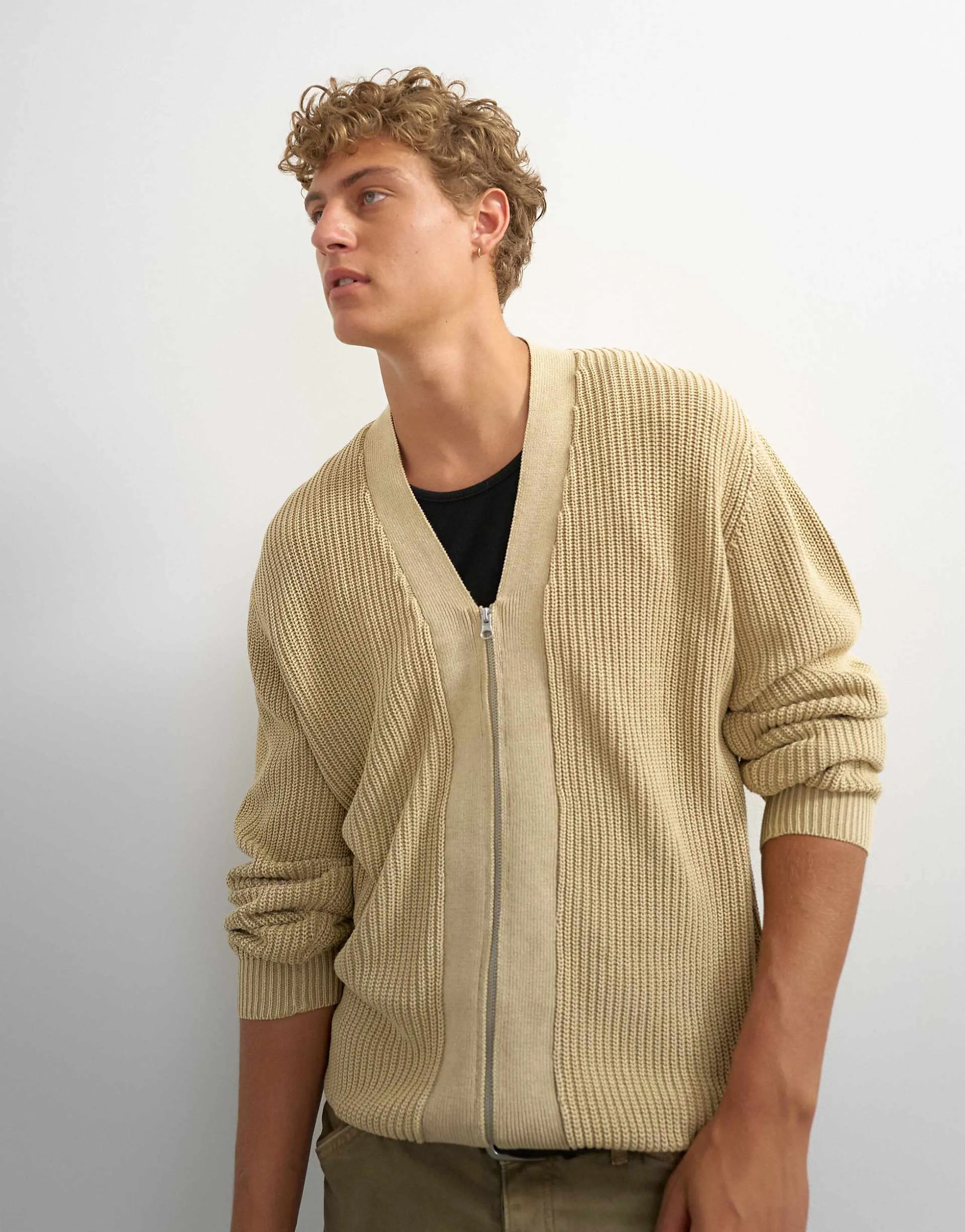 Topman relaxed fit acid wash knit zip up cardigan in beige