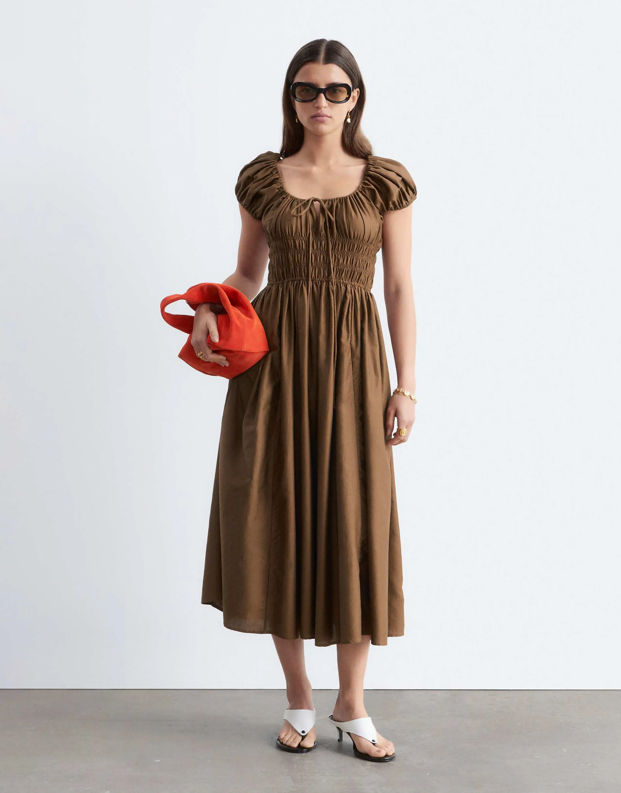 & Other Stories pure cotton short sleeve scoop neck midi dress in brown