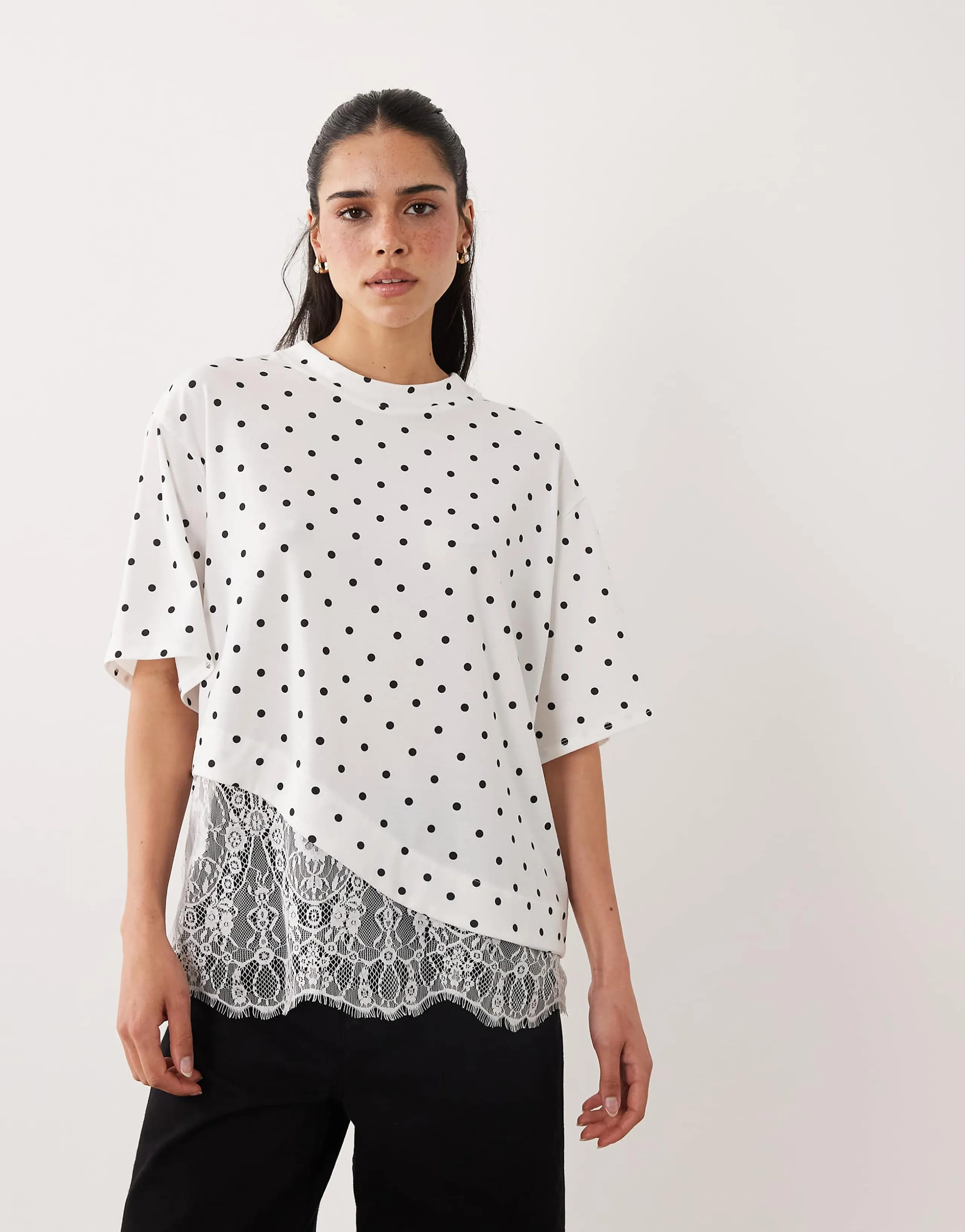 ASOS DESIGN short sleeve T-shirt with lace hem in polka dot print