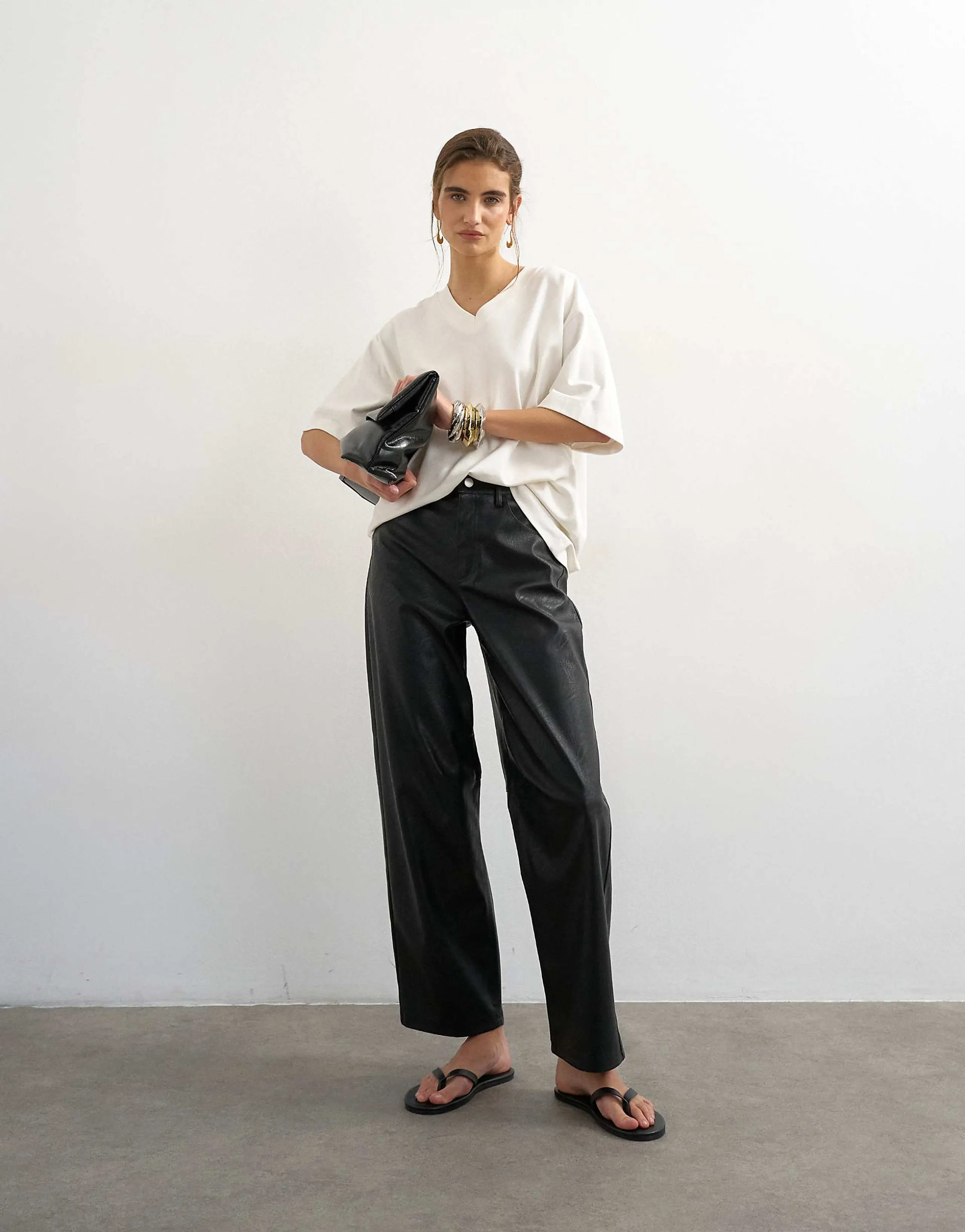 Topshop faux leather barrel leg pants in black