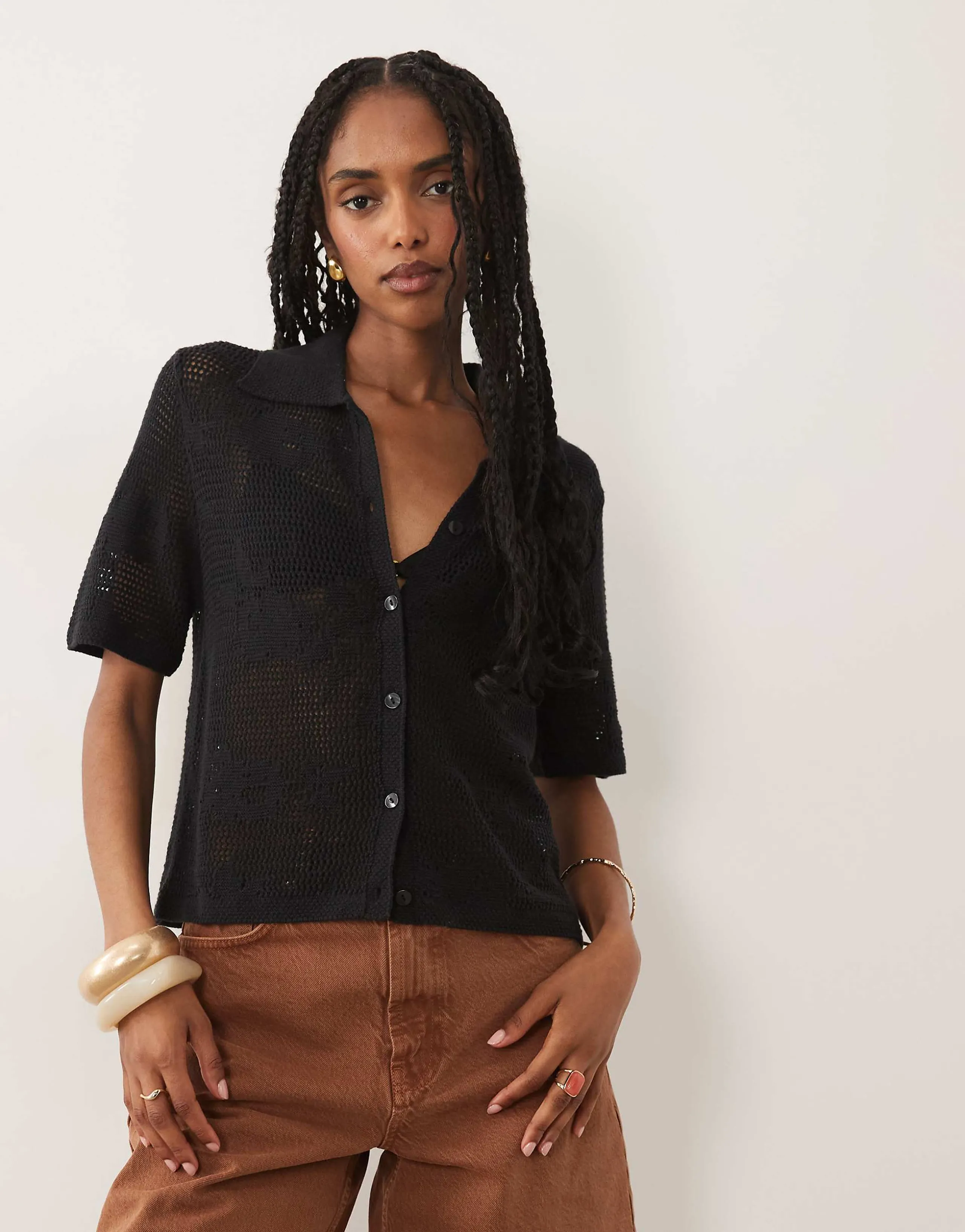 Abercrombie & Fitch open knit button up top in black