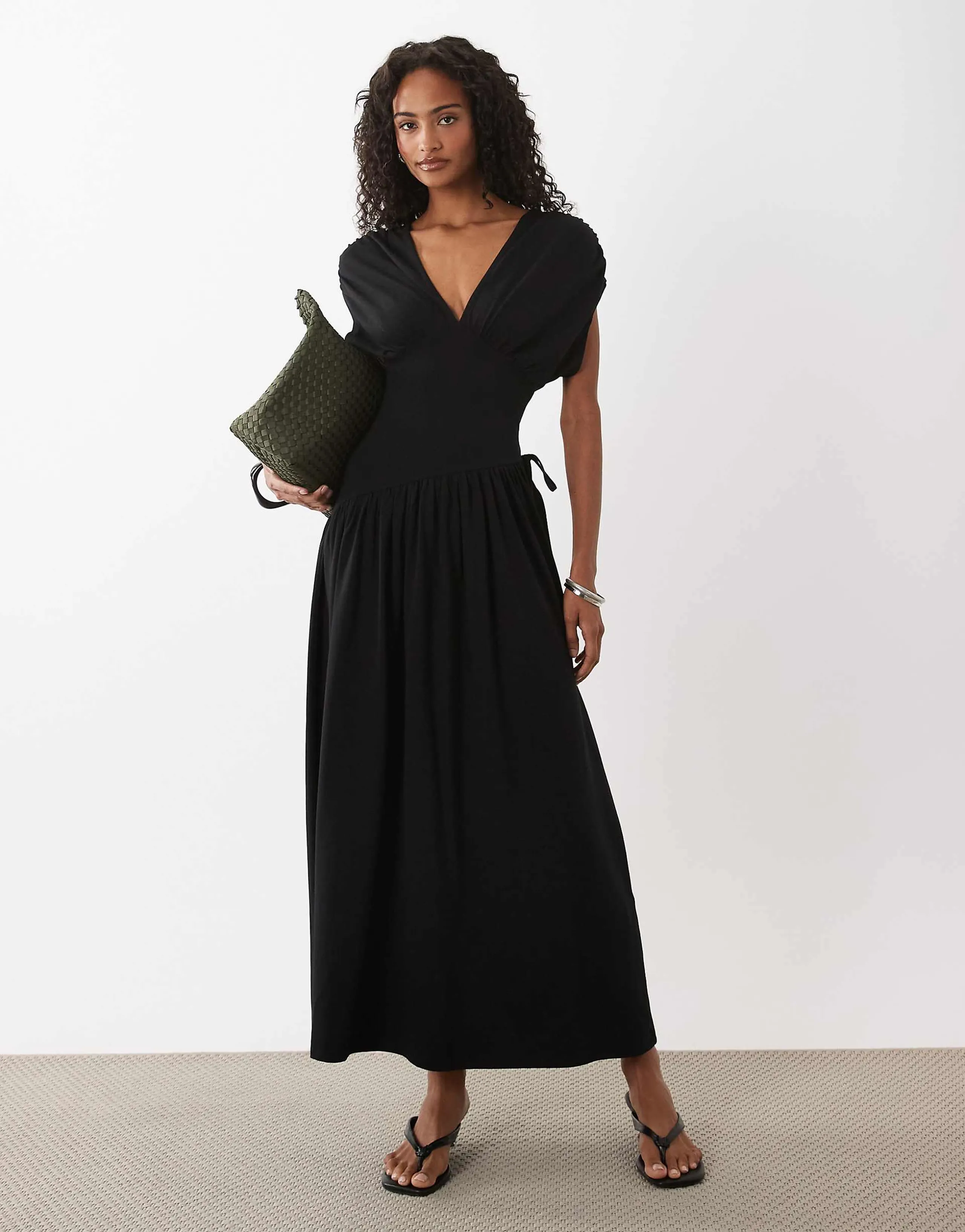 ASOS DESIGN plunge waist detail midi dress in black