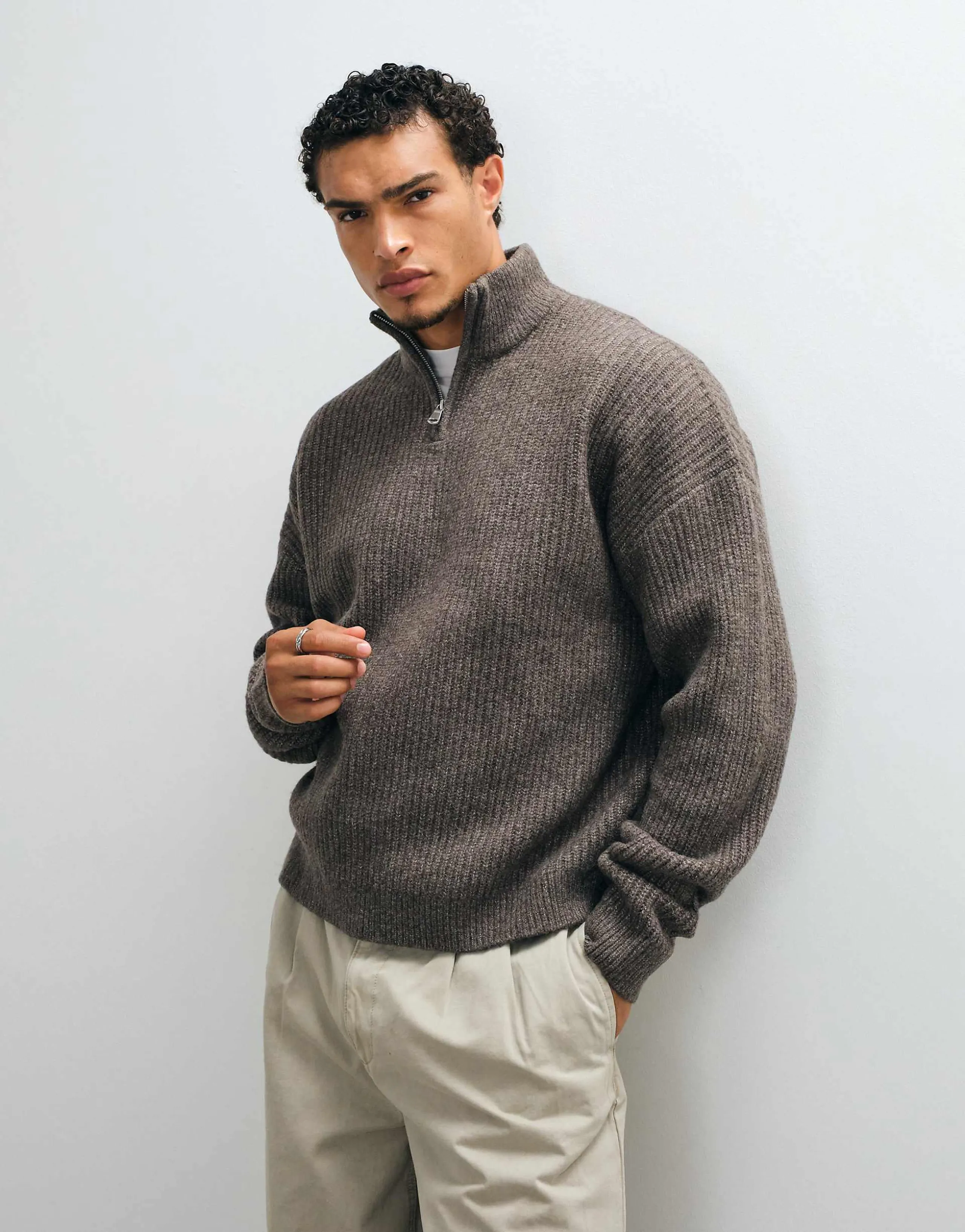 ASOS DESIGN super oversized knit wool blend half zip rib sweater in brown heather