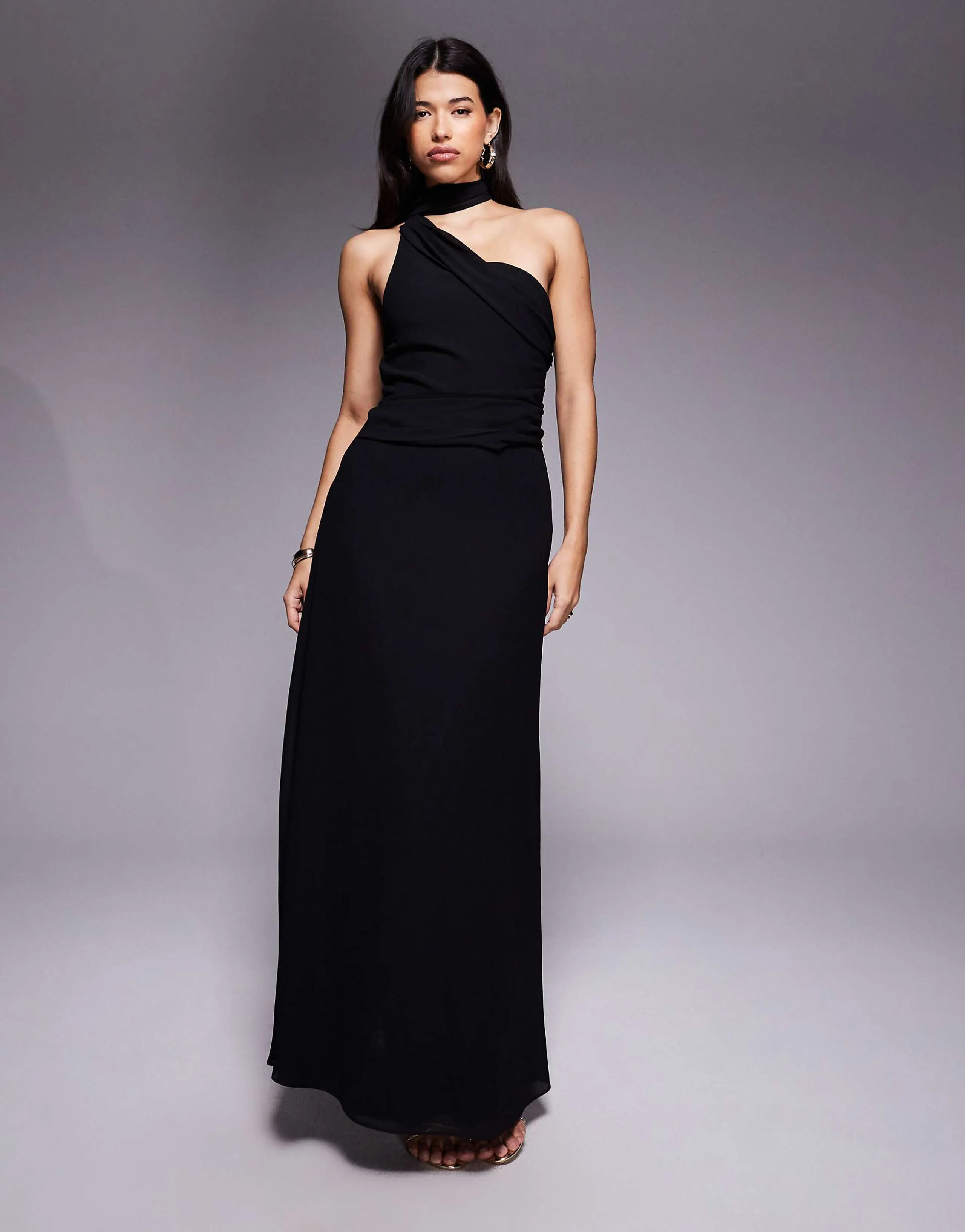 TFNC one-shoulder scarf neck maxi dress in black