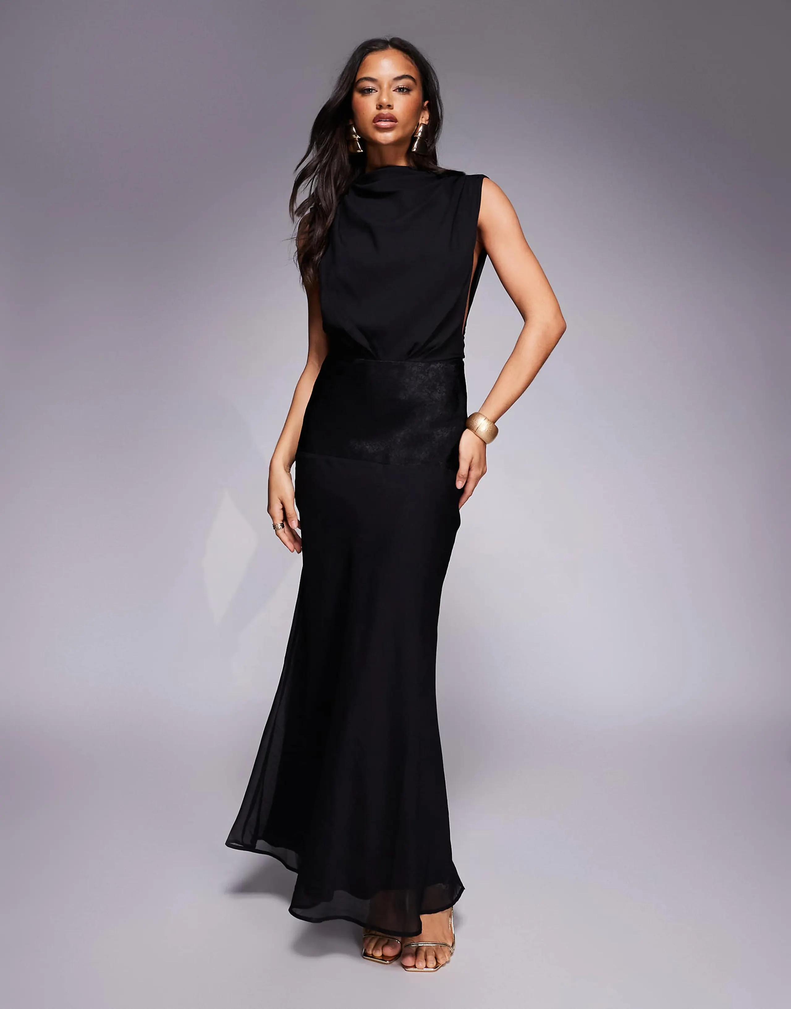 ASOS DESIGN grown on neck satin paneled maxi dress in black