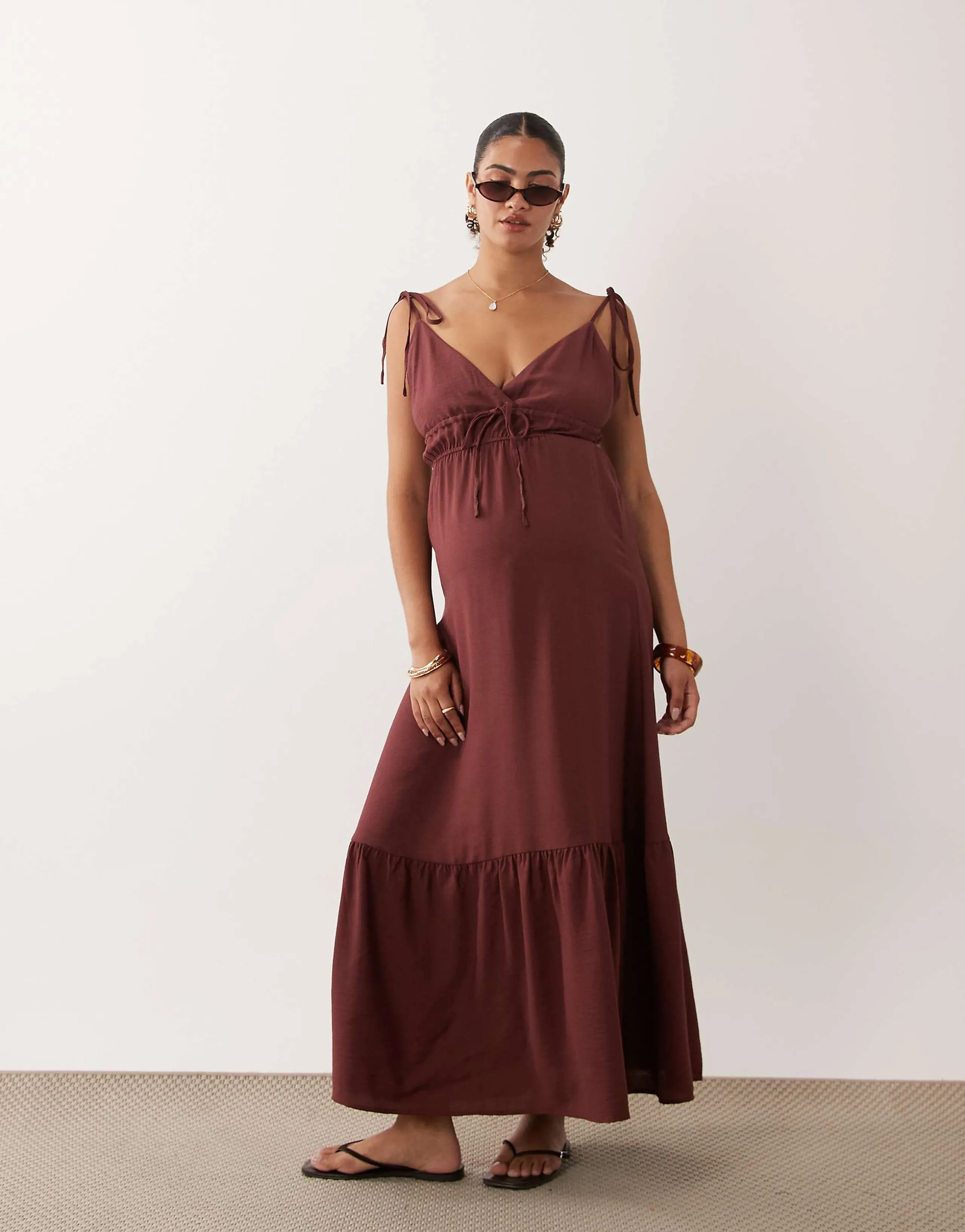 Vero Moda Maternity tie shoulders cami midaxi tiered dress in andorra red