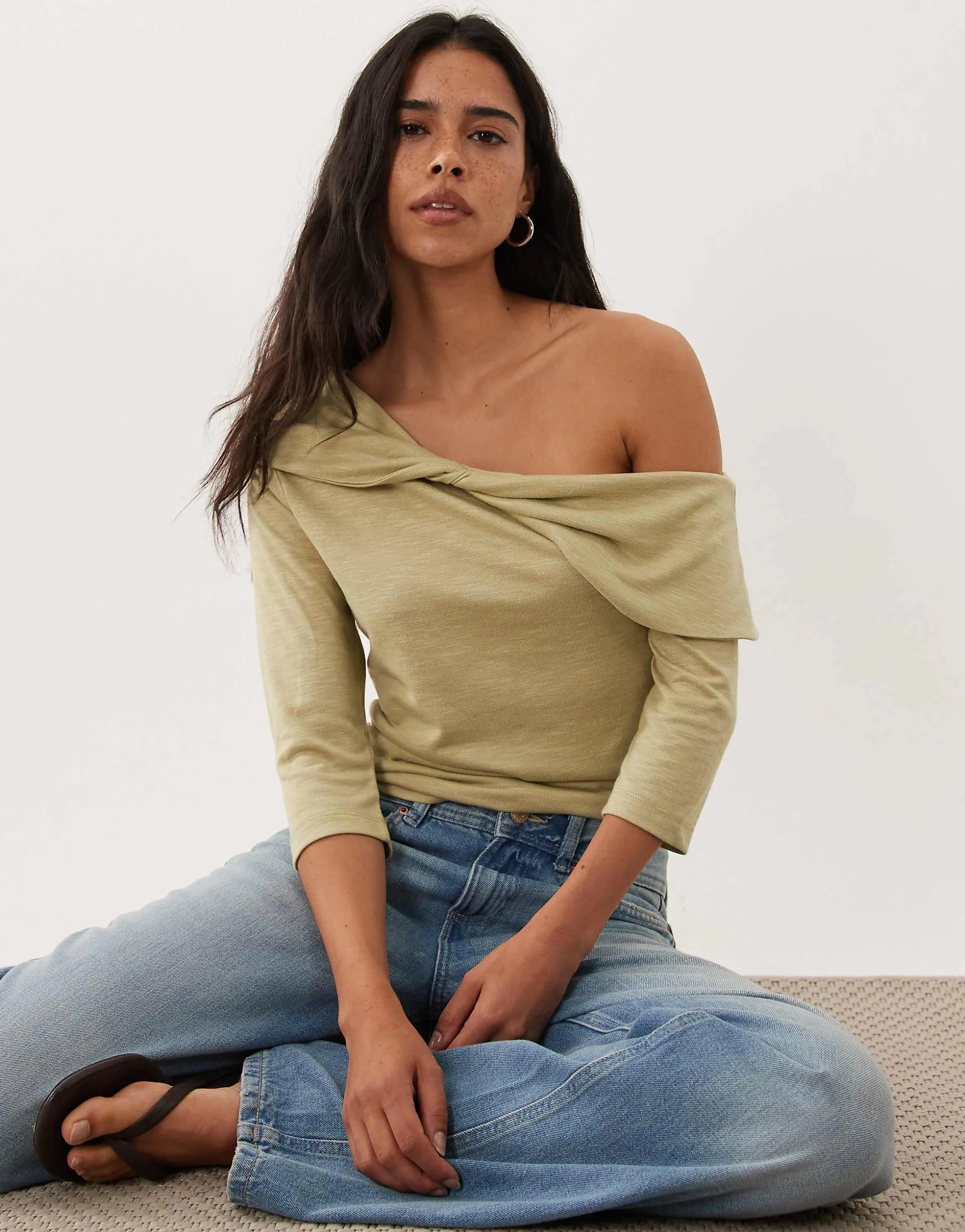Miss Selfridge twist off-shoulder top in olive