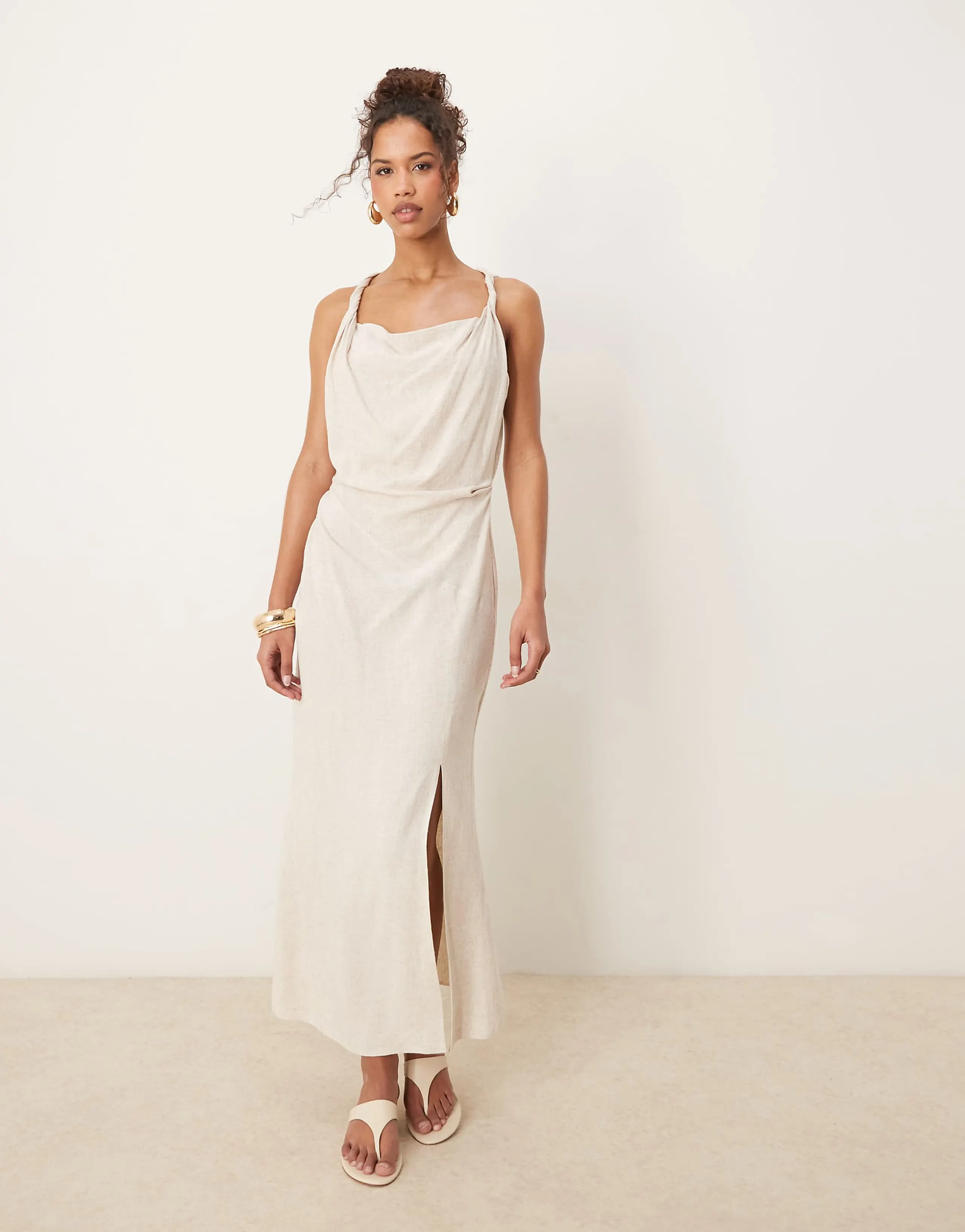ASOS DESIGN linen mix twist shoulder detail midi dress with ruching in oat