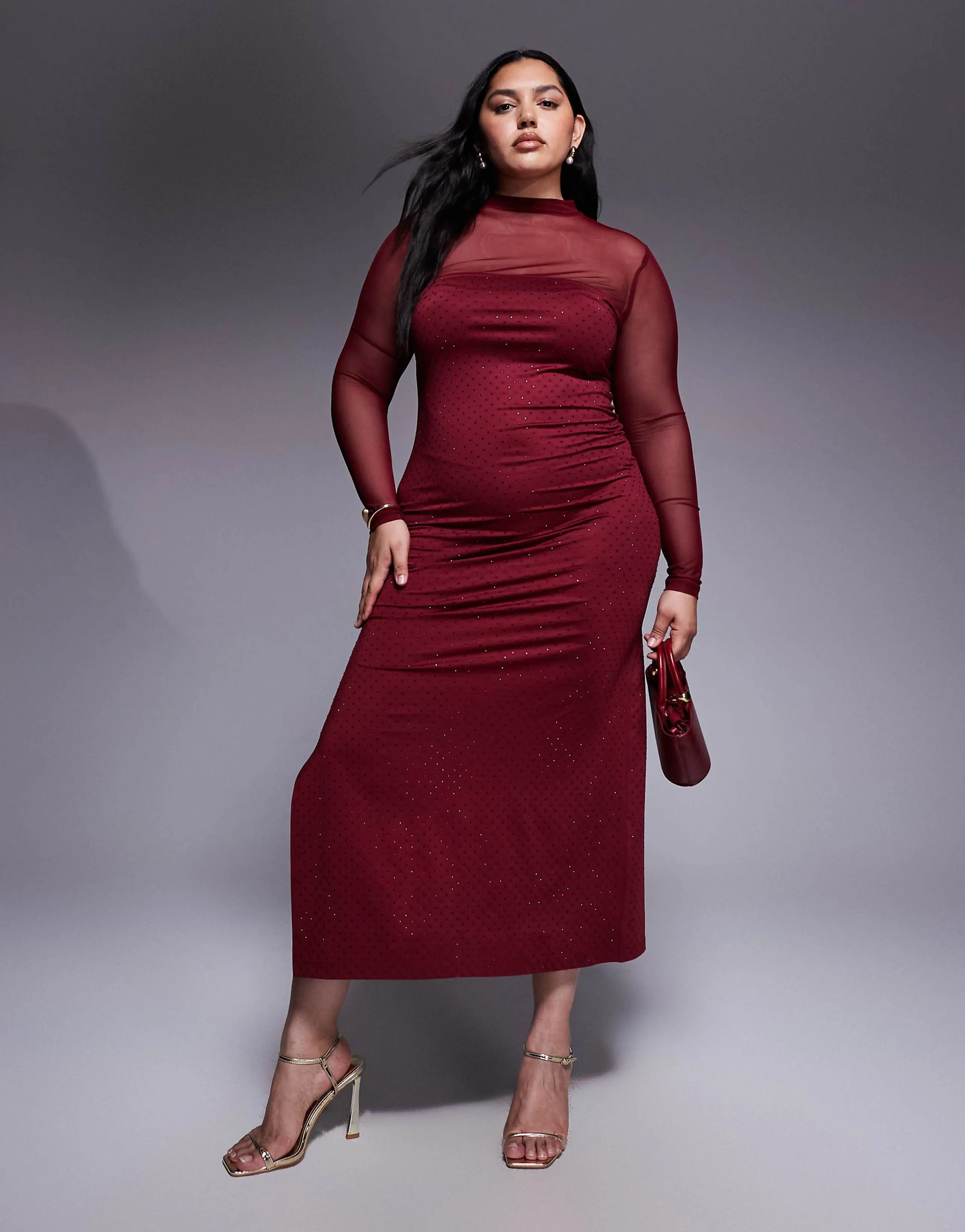 Renee Studio mesh high neck hotfix side slit maxi dress in burgundy