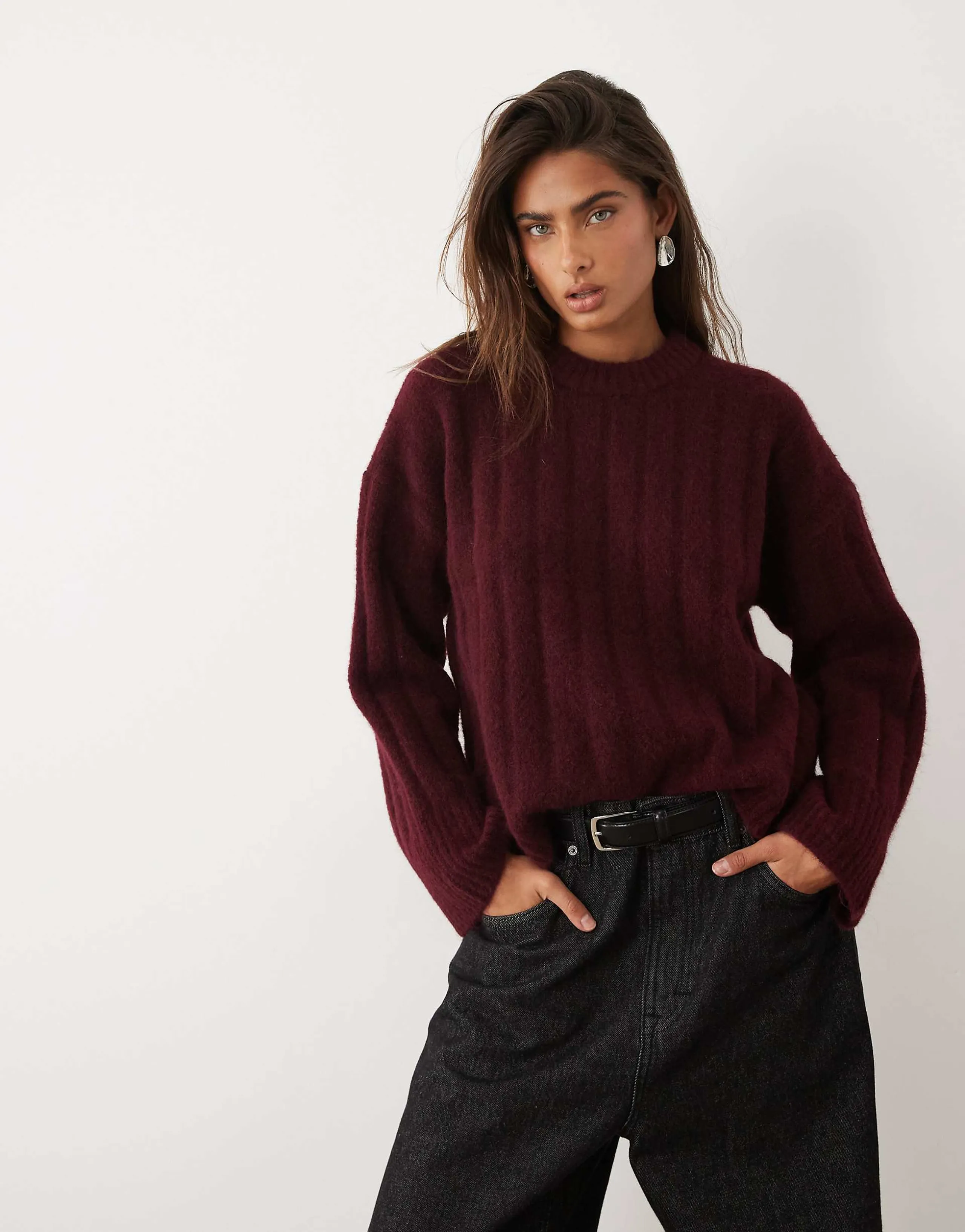 ASOS DESIGN wide rib knit boxy crew neck sweater in burgundy