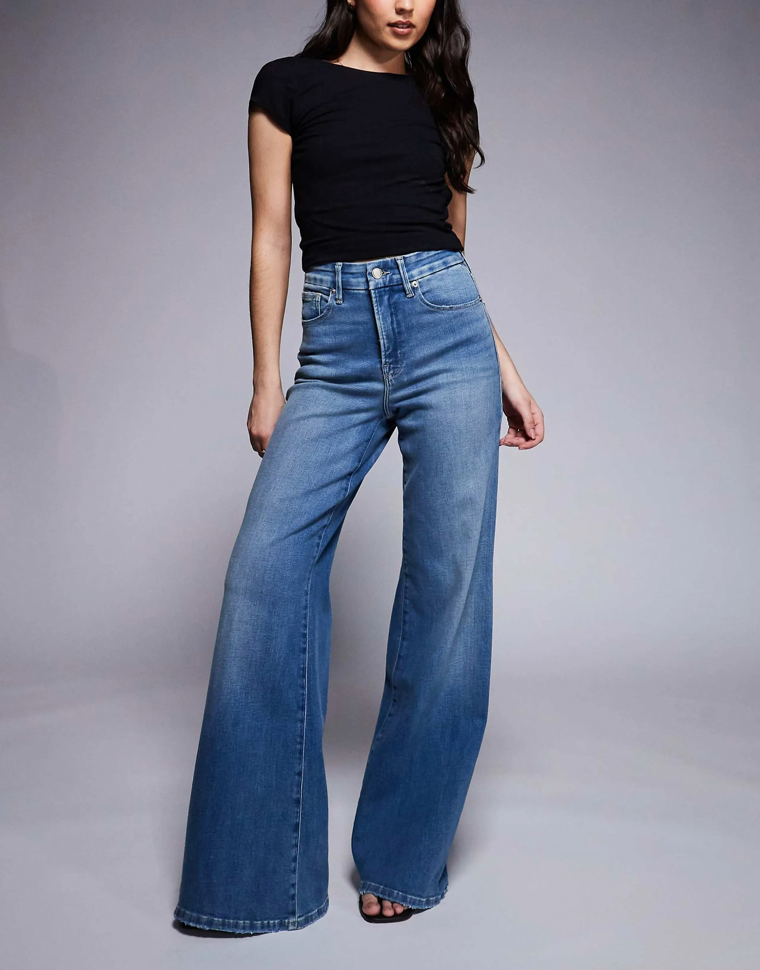 Good American Good Waist soft-tech denim palazzo jeans in mid blue wash