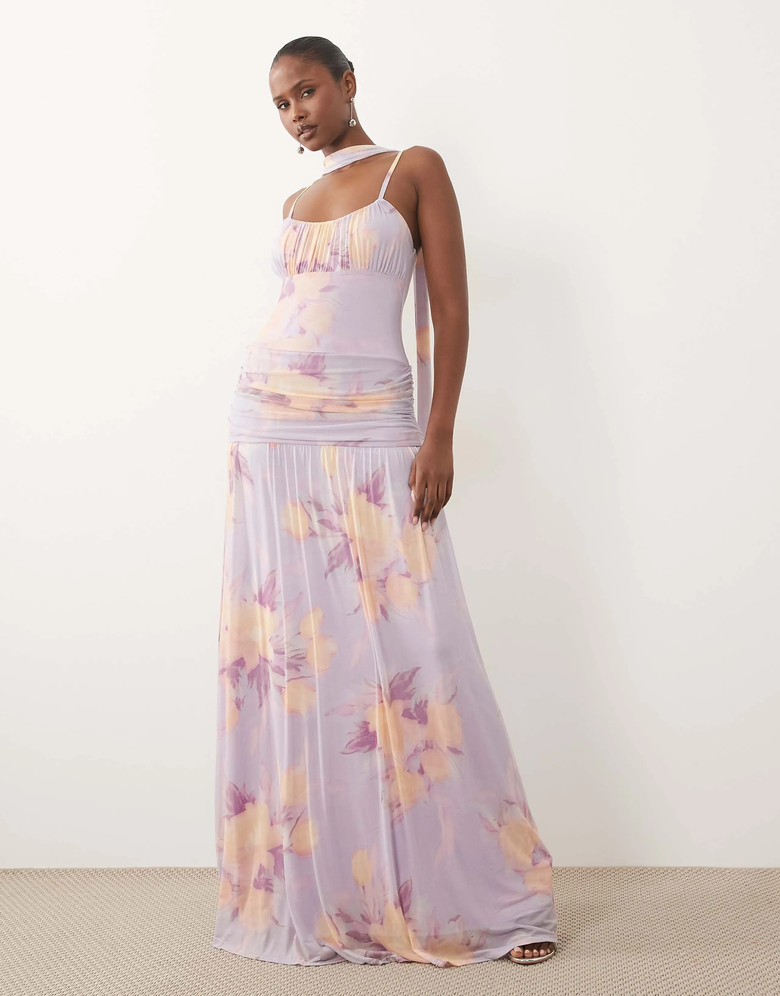 ASOS DESIGN printed mesh ruched bust maxi dress with scarf detail in purple floral