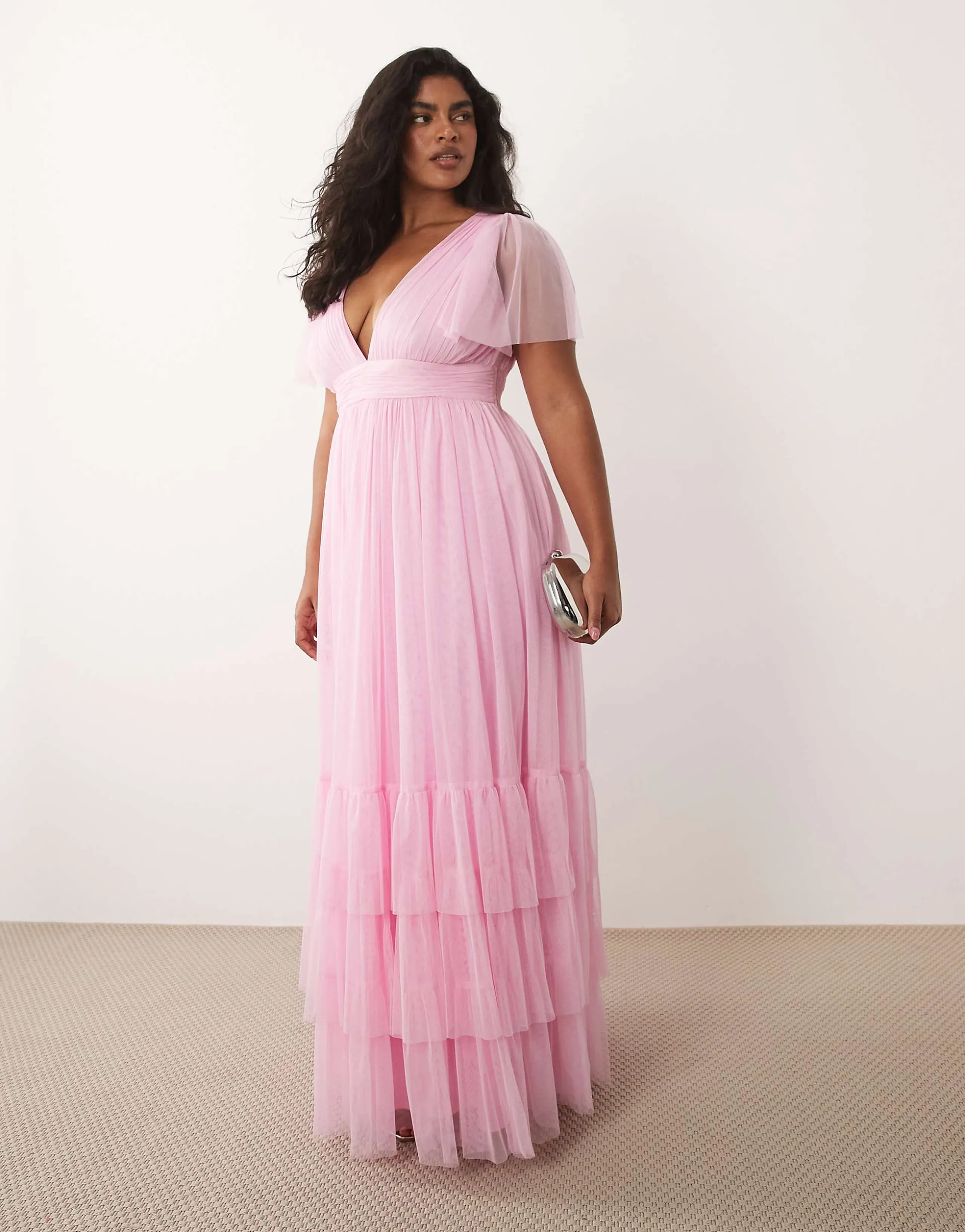 Lace & Beads Plus Bridesmaid Madison smocked flutter sleeve tiered maxi dress in sugar pink
