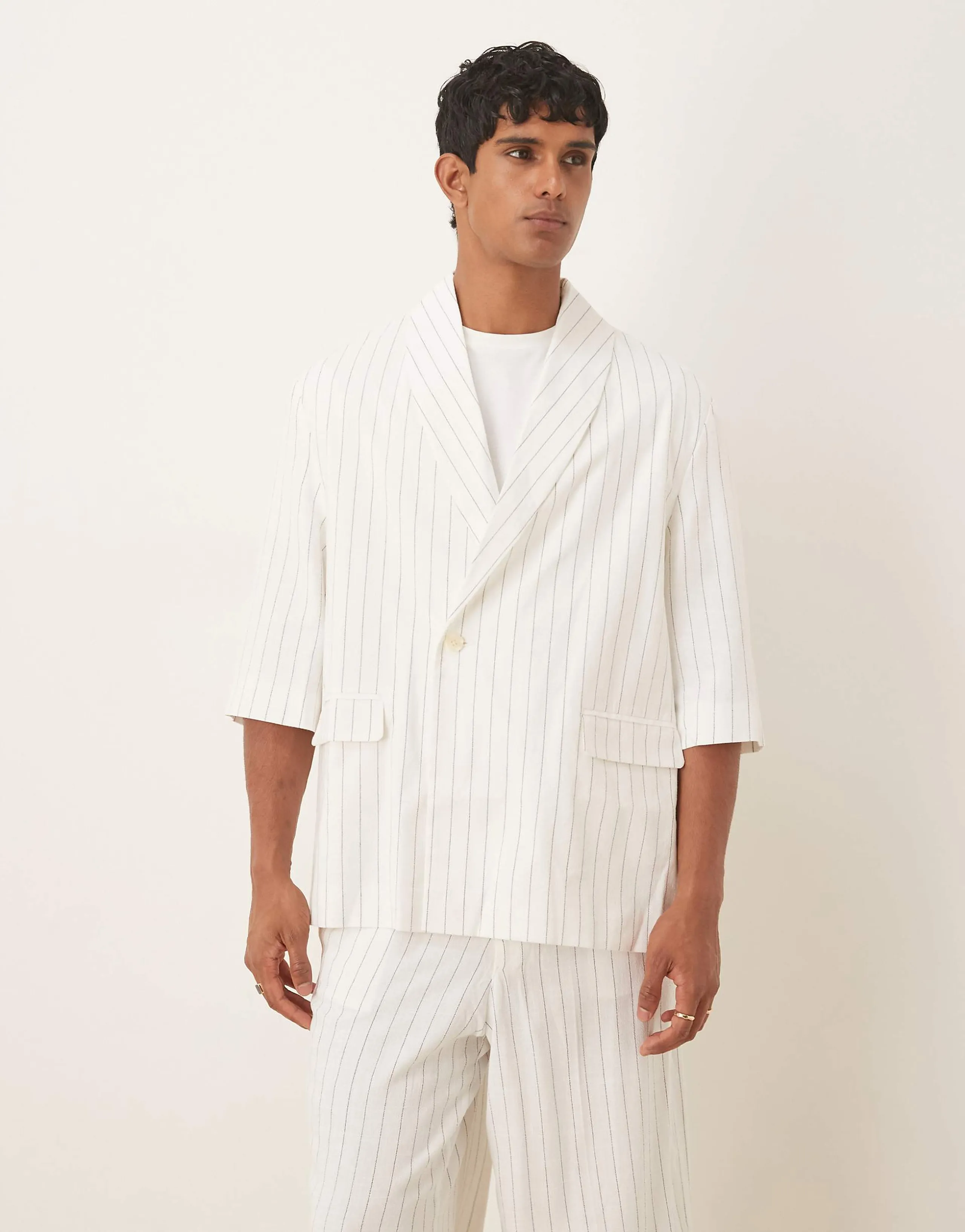 ASOS DESIGN linen mix slouchy oversized suit jacket in white pinstripe