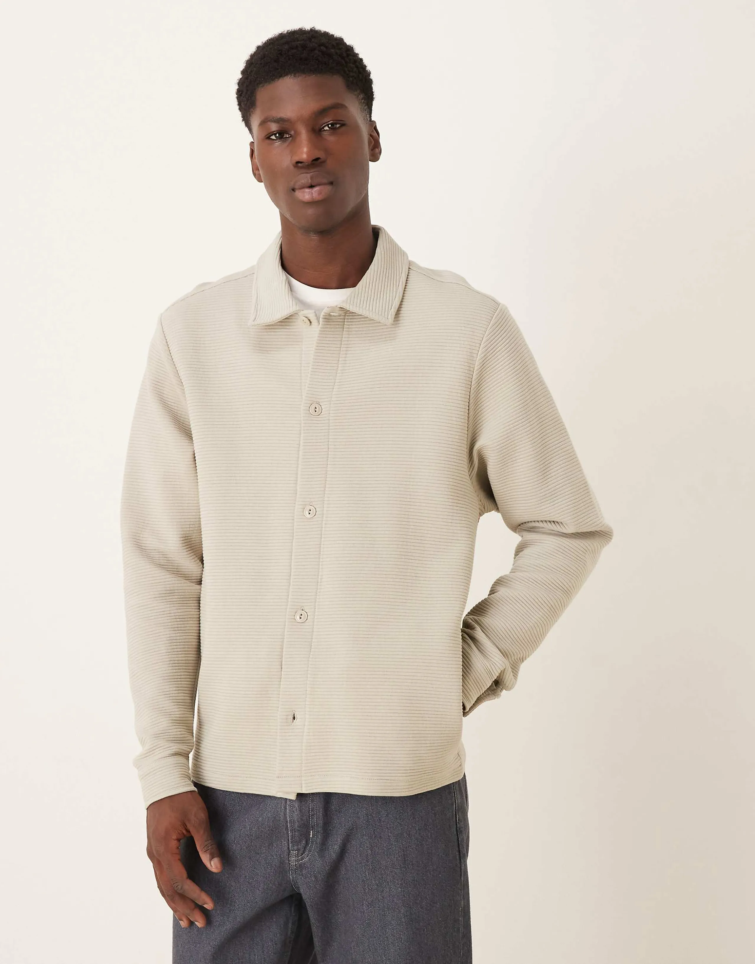 ASOS DESIGN ribbed jersey shacket in stone