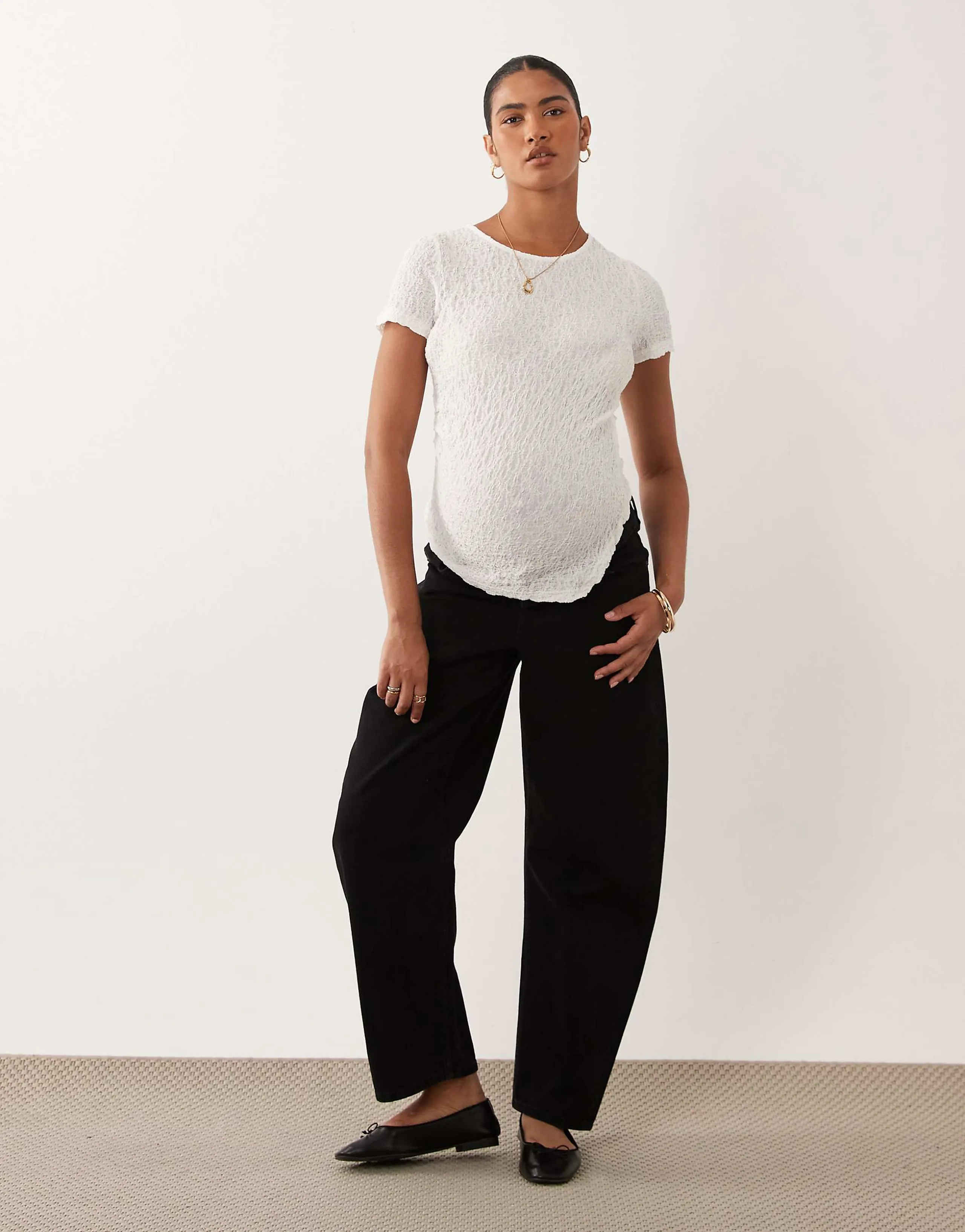 Vero Moda Maternity asymmetric ruched detailing crinkle textured top in white