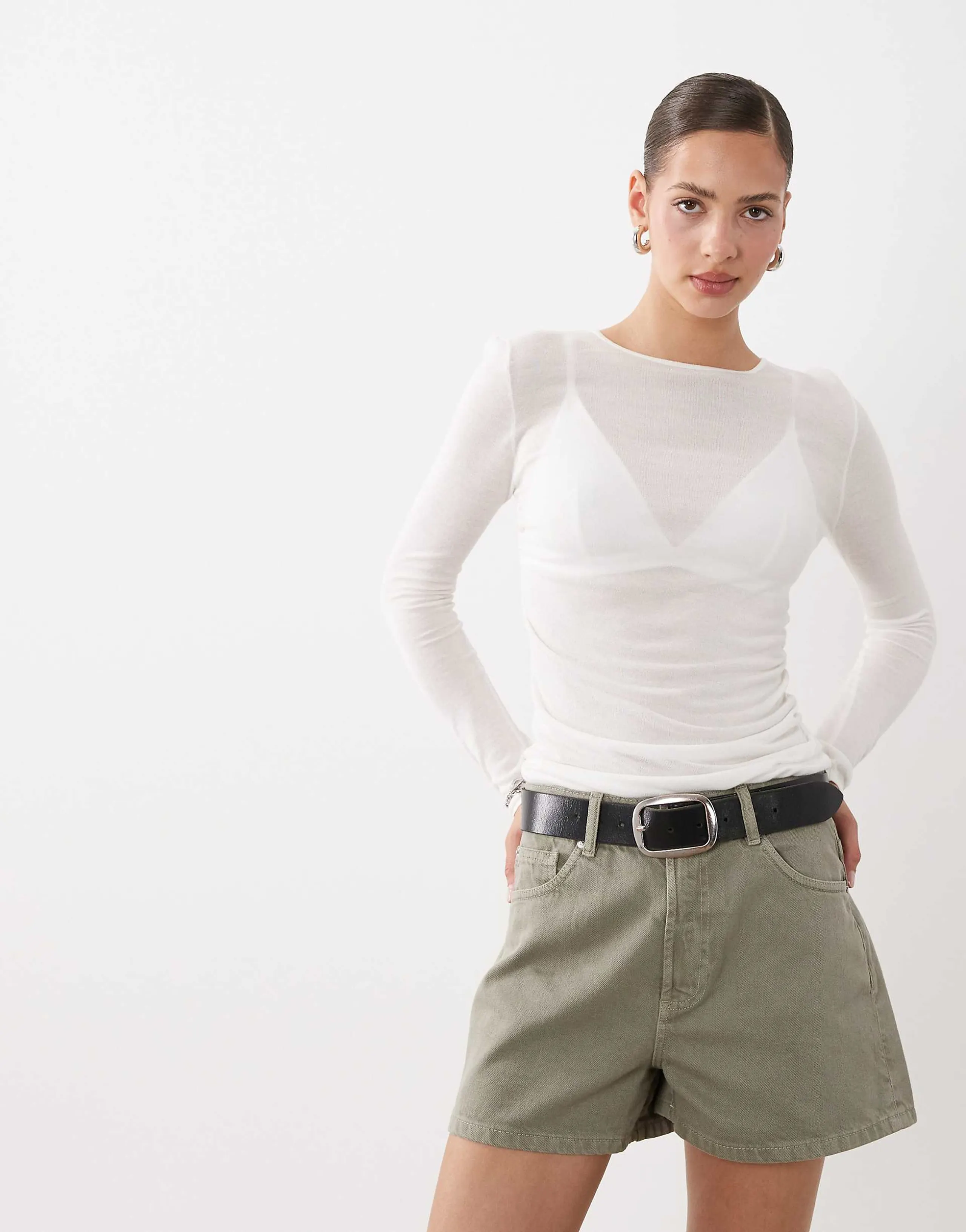 ASOS DESIGN high waist denim shorts in khaki
