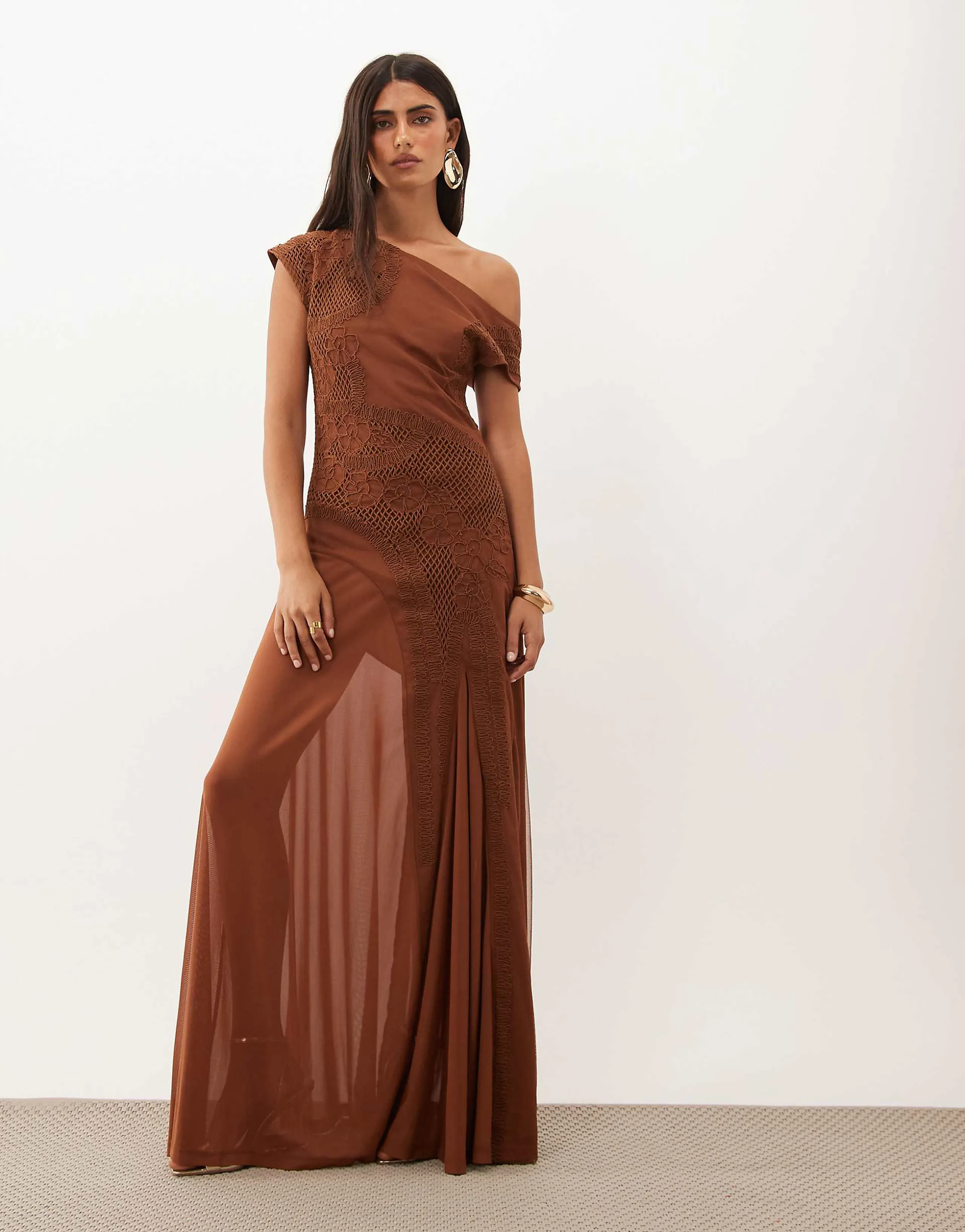 ASOS DESIGN embroidered mesh off-shoulder maxi dress with sheer godet detail in brown