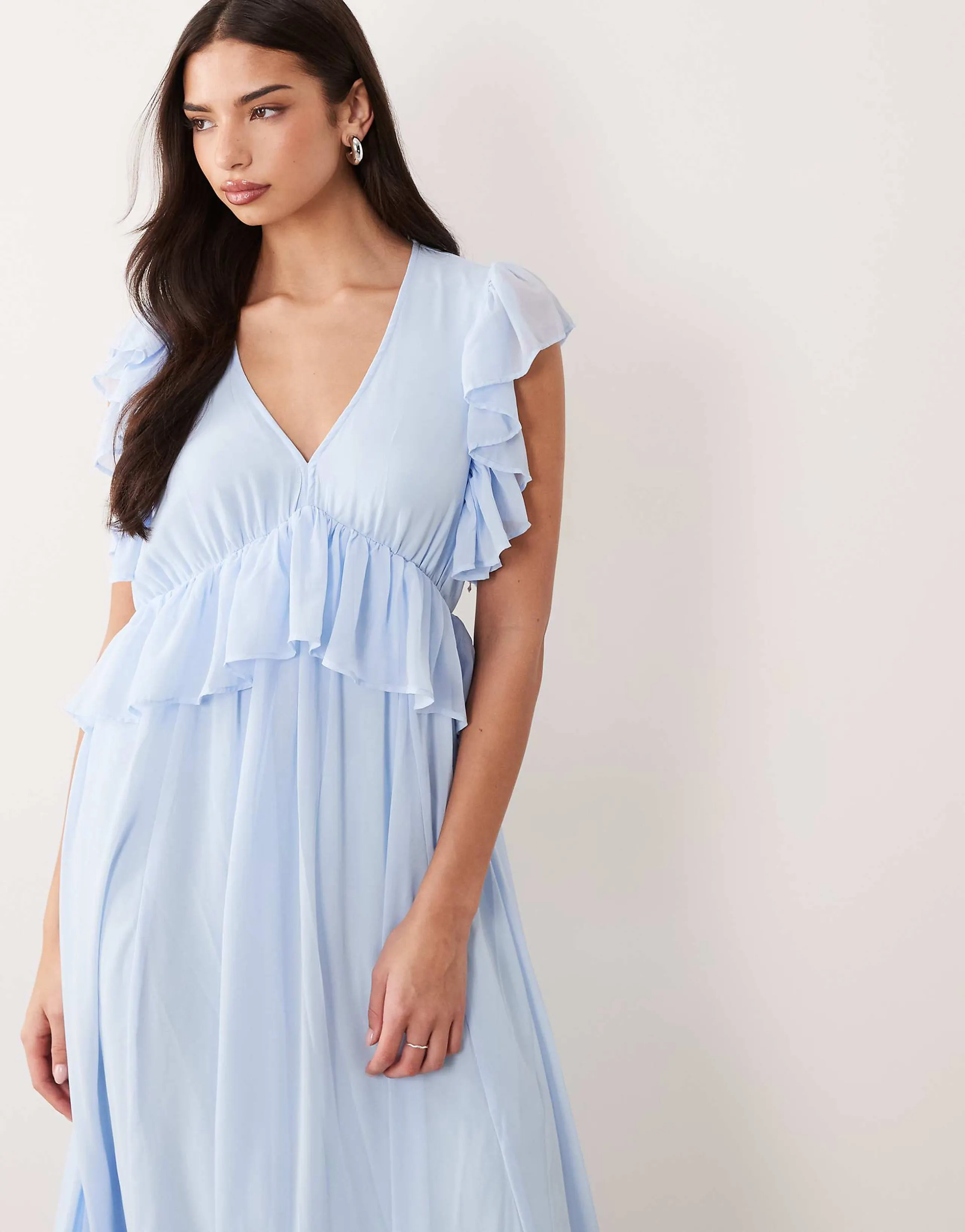YAS frill detail chiffon midaxi dress in pale blue 