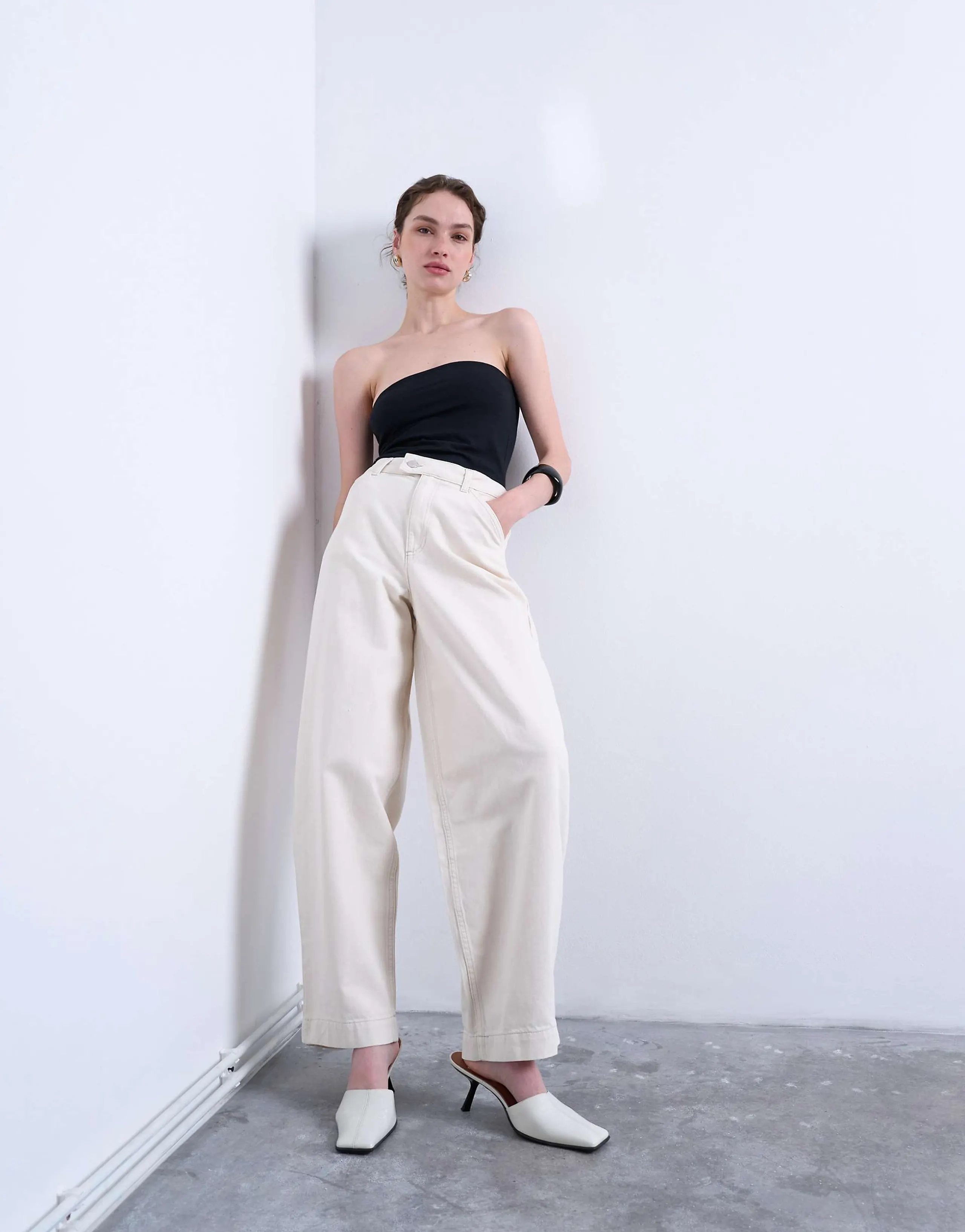 Topshop smart barrel leg pants in ecru