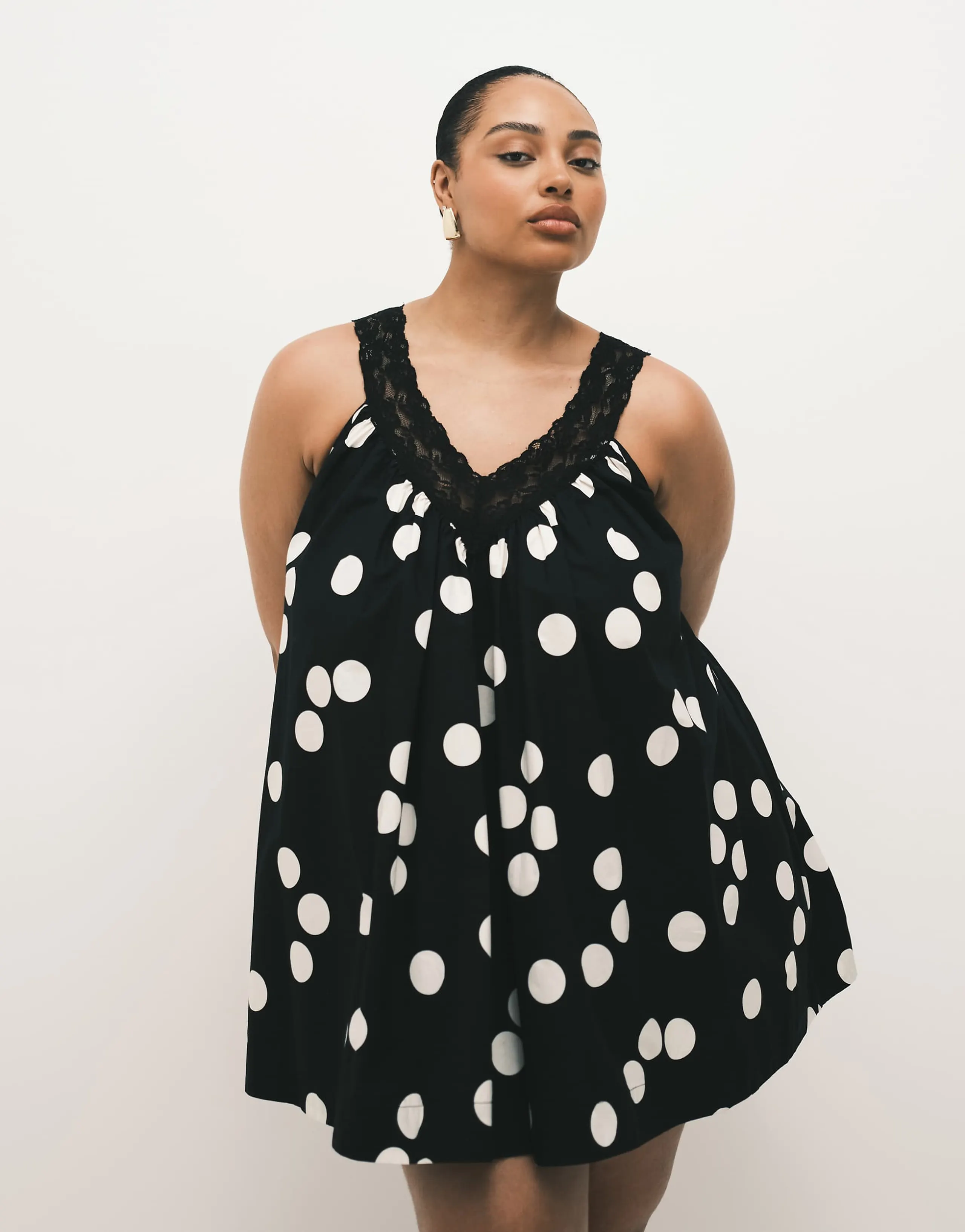 ASOS DESIGN Curve poplin v-neck mini smock sundress with lace overlay in black and white polka dots
