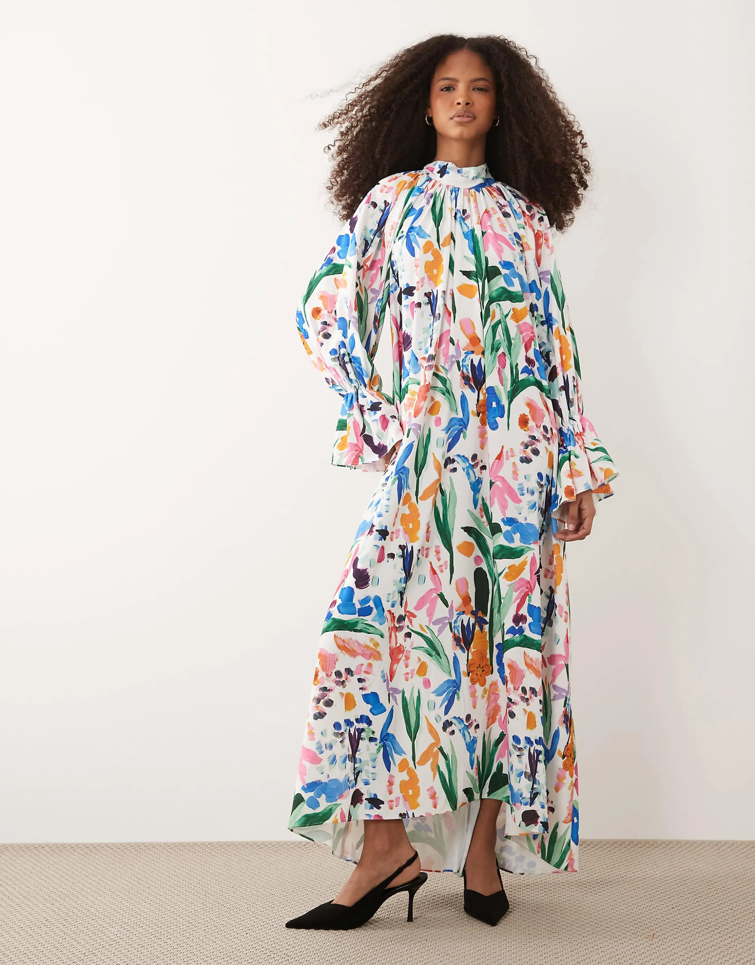 IYAL high neck cuff sleeve detail floaty maxi dress in bright watercolour floral print