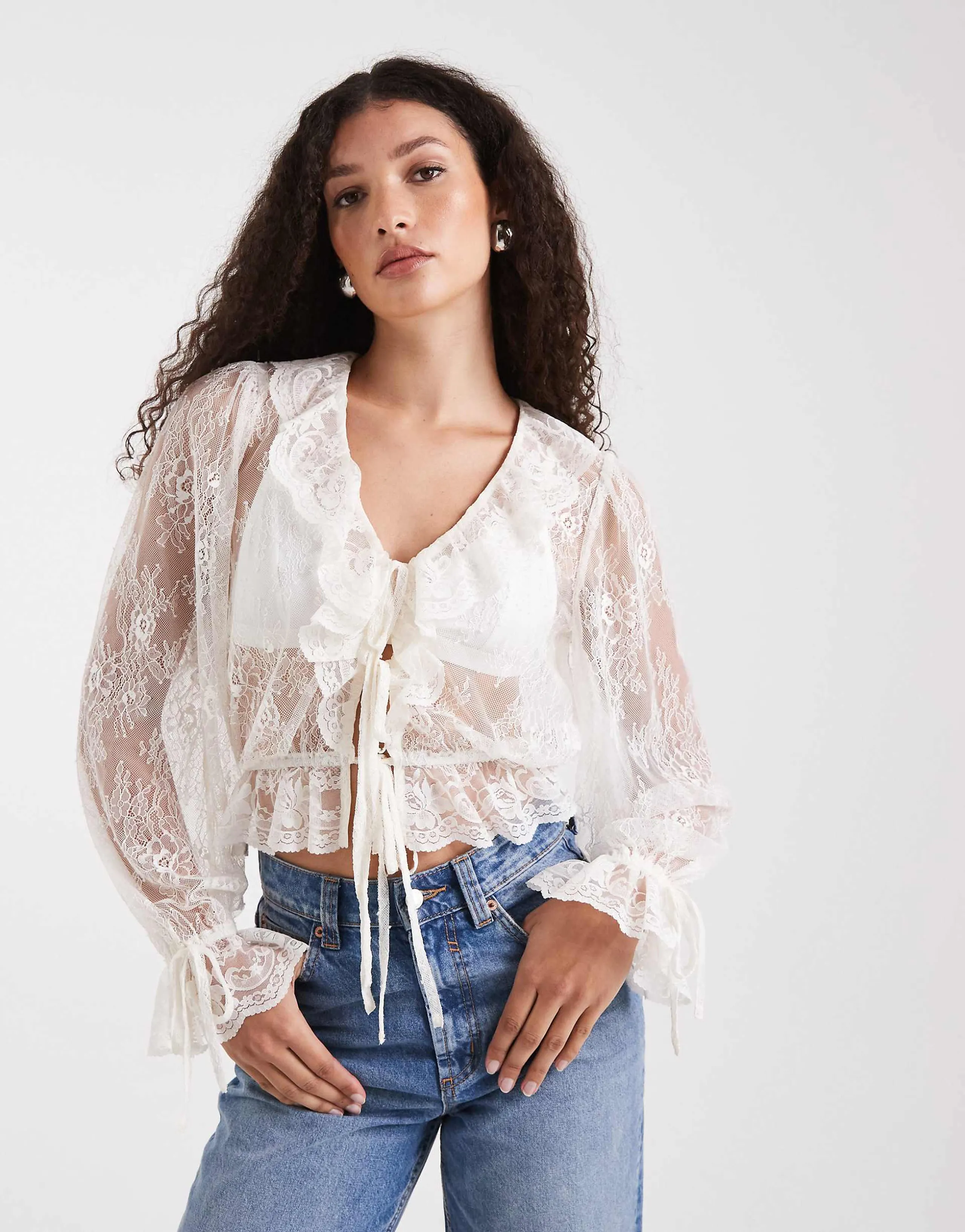 Miss Selfridge lace tie front ruffle blouse in ecru