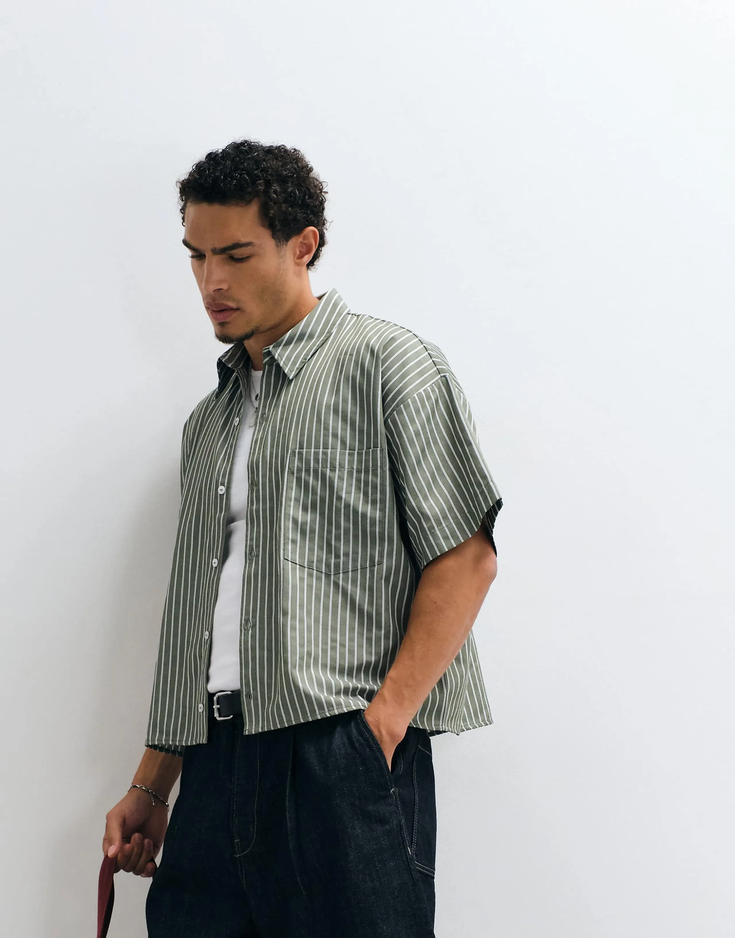 Reclaimed Vintage short sleeve boxy shirt in khaki striped print