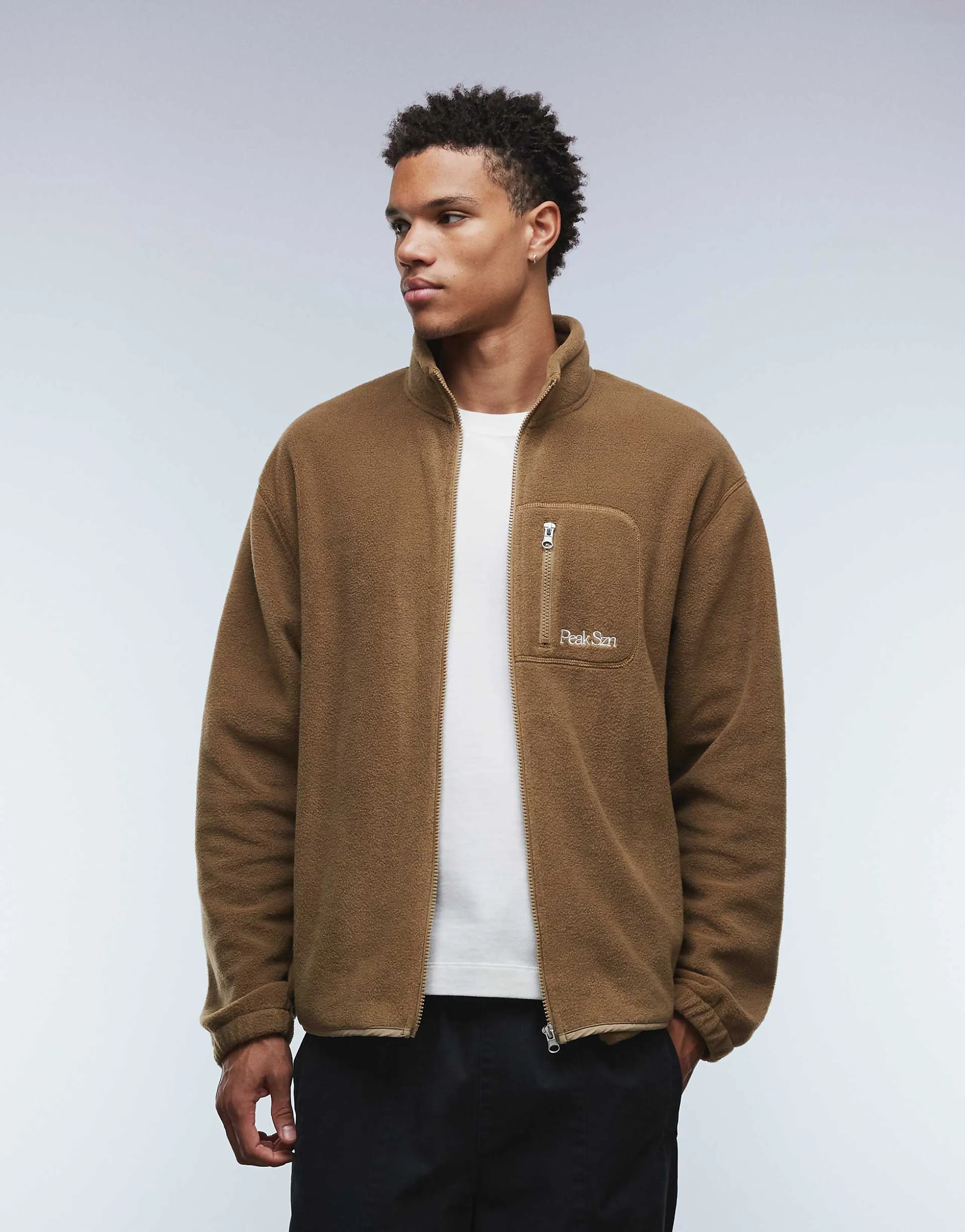 ASOS DESIGN relaxed funnel neck zip through fleece sweatshirt with chest pocket in brown