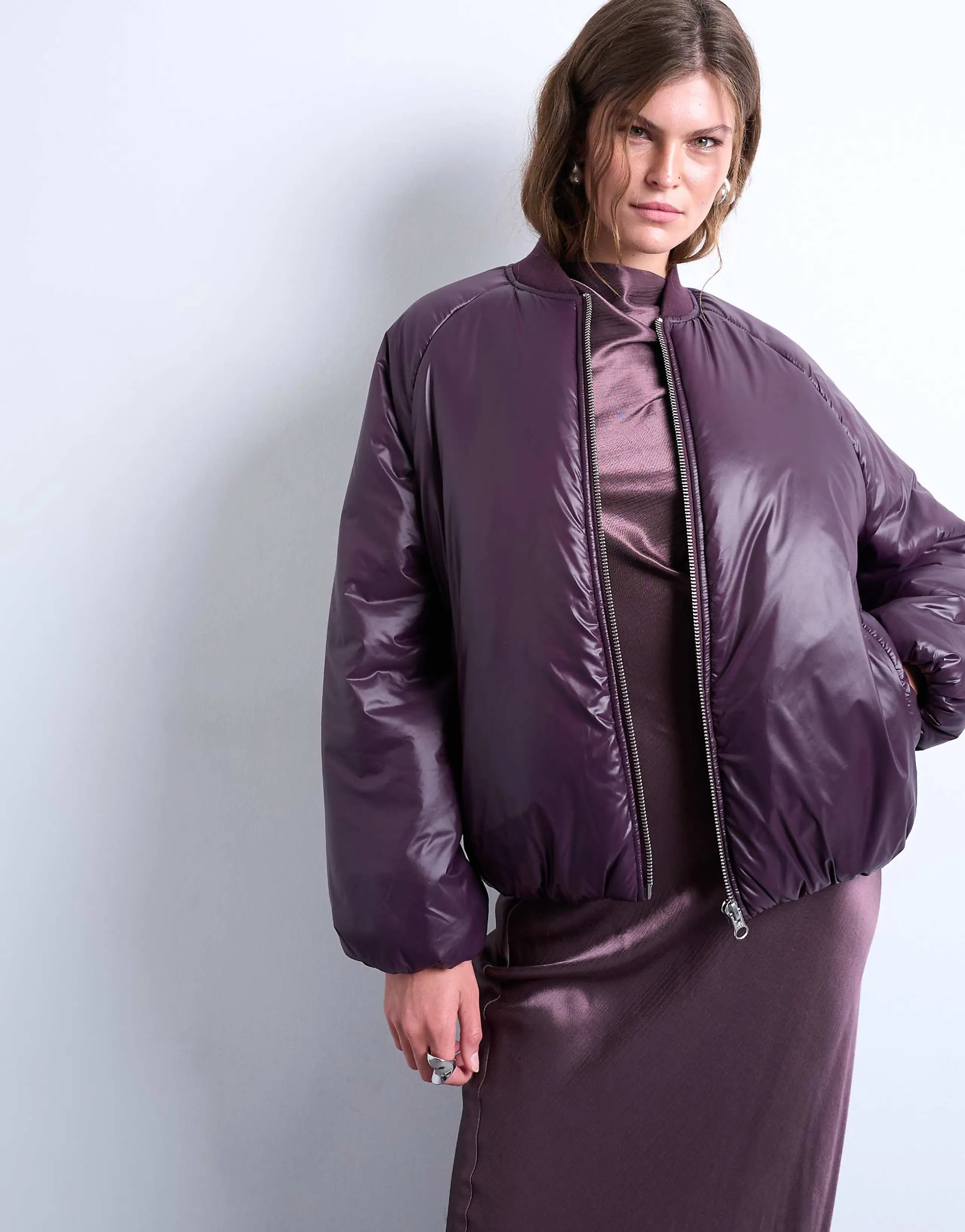 Topshop high shine padded bomber jacket in eggplant