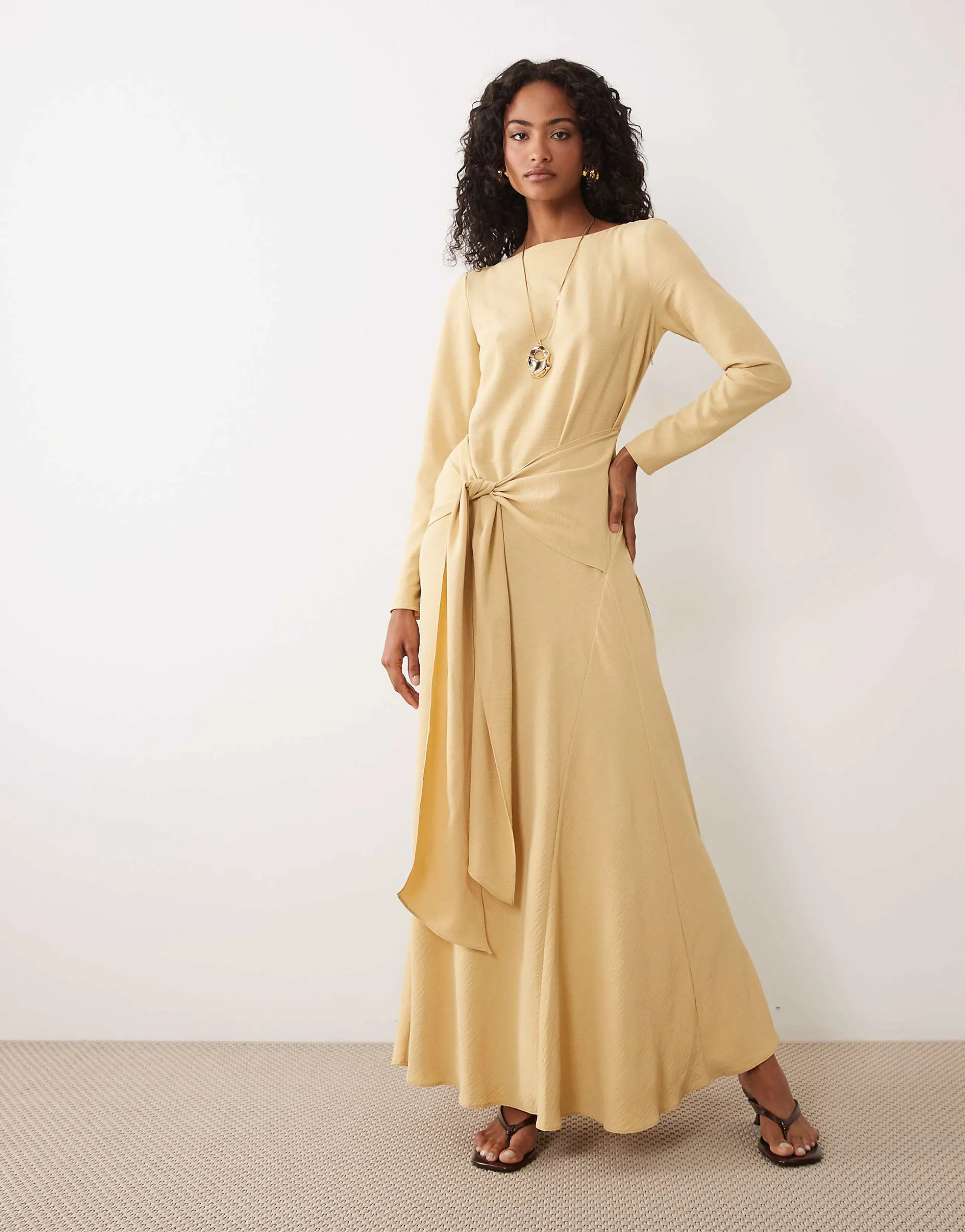 ASOS DESIGN long sleeve full hem maxi dress with tie detail in Gold