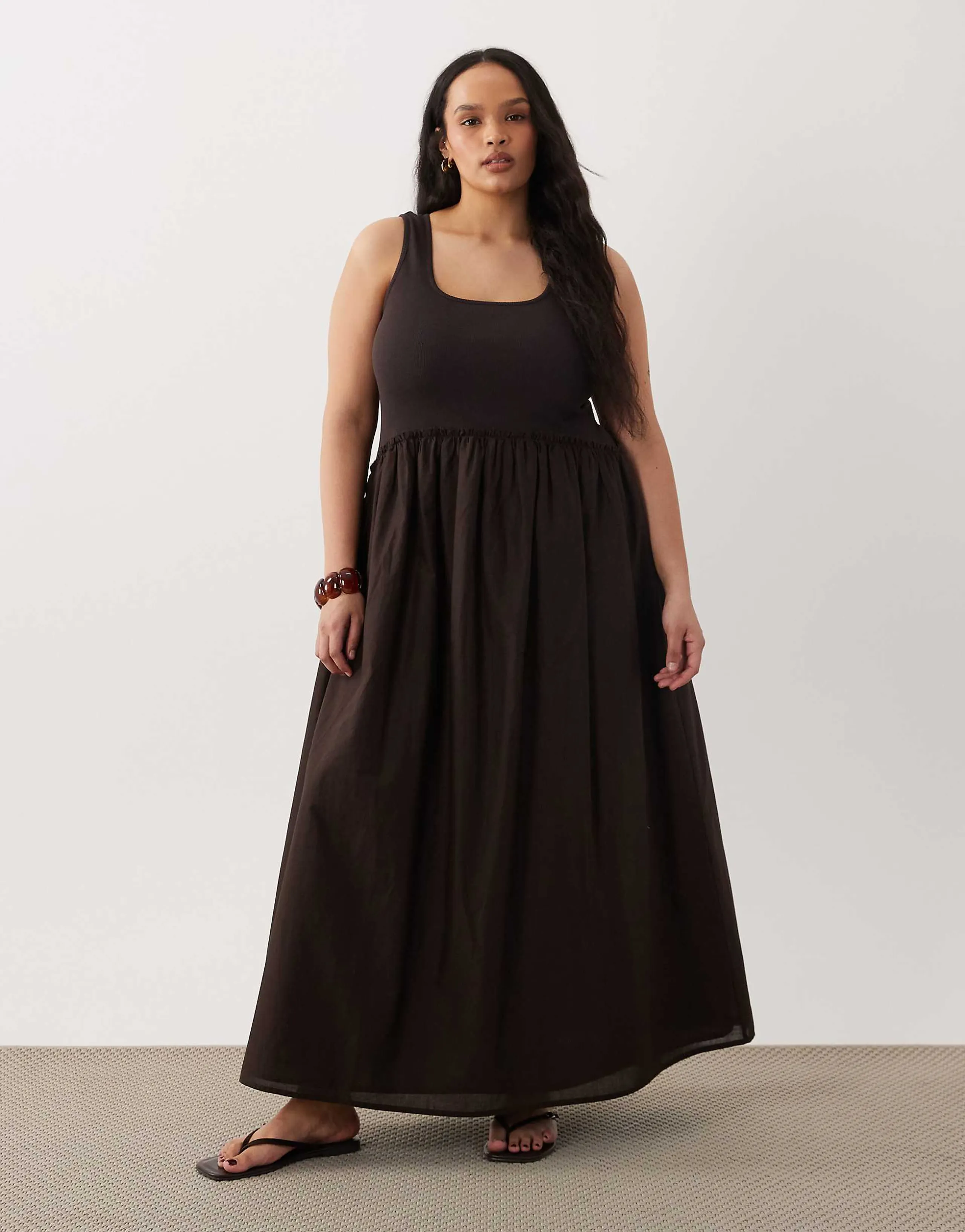 ASOS DESIGN Curve scoop ribbed bodice with poplin skirt midi dress in chocolate