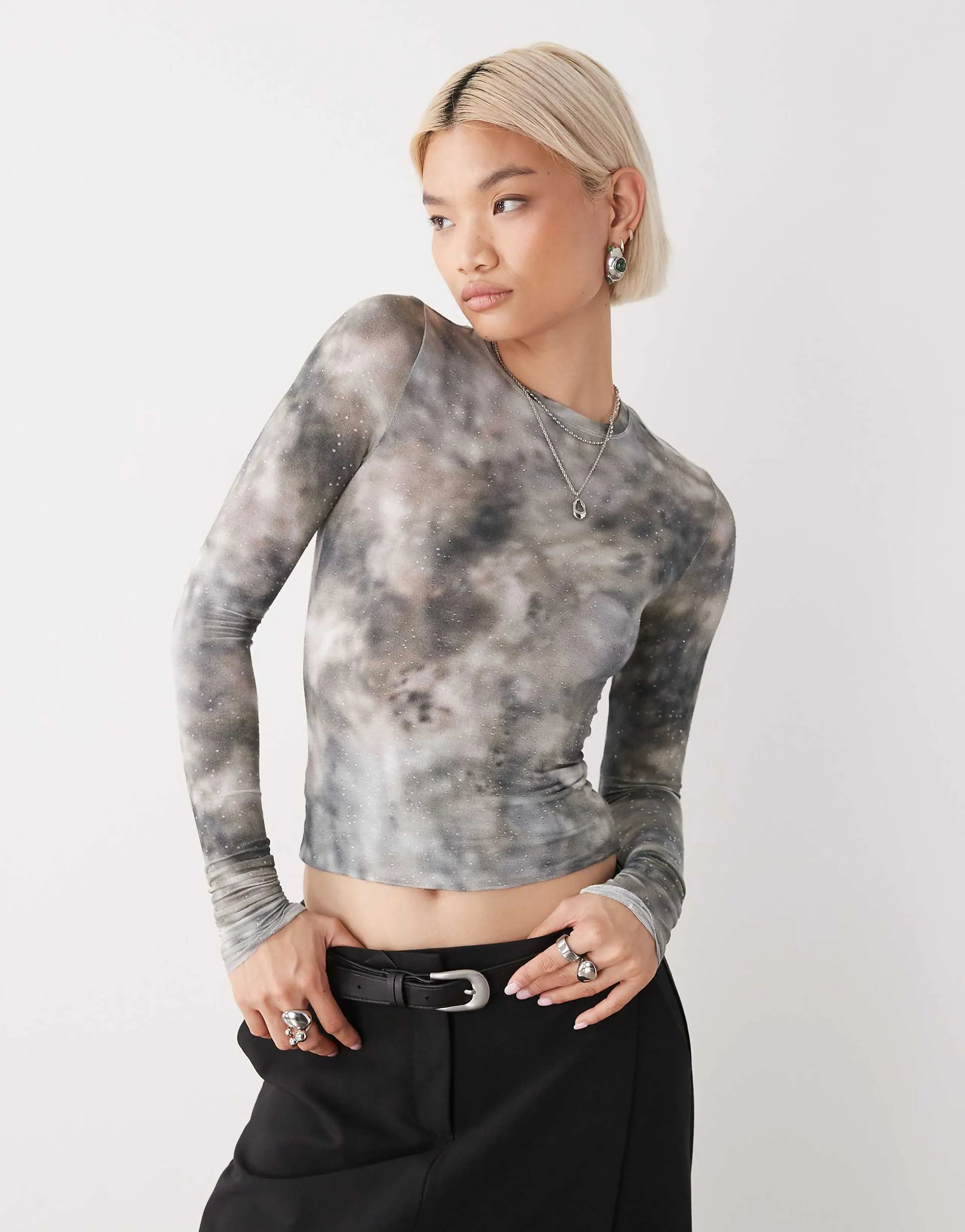 Weekday long sleeve top with rhinestone detail in airbrush graphic print
