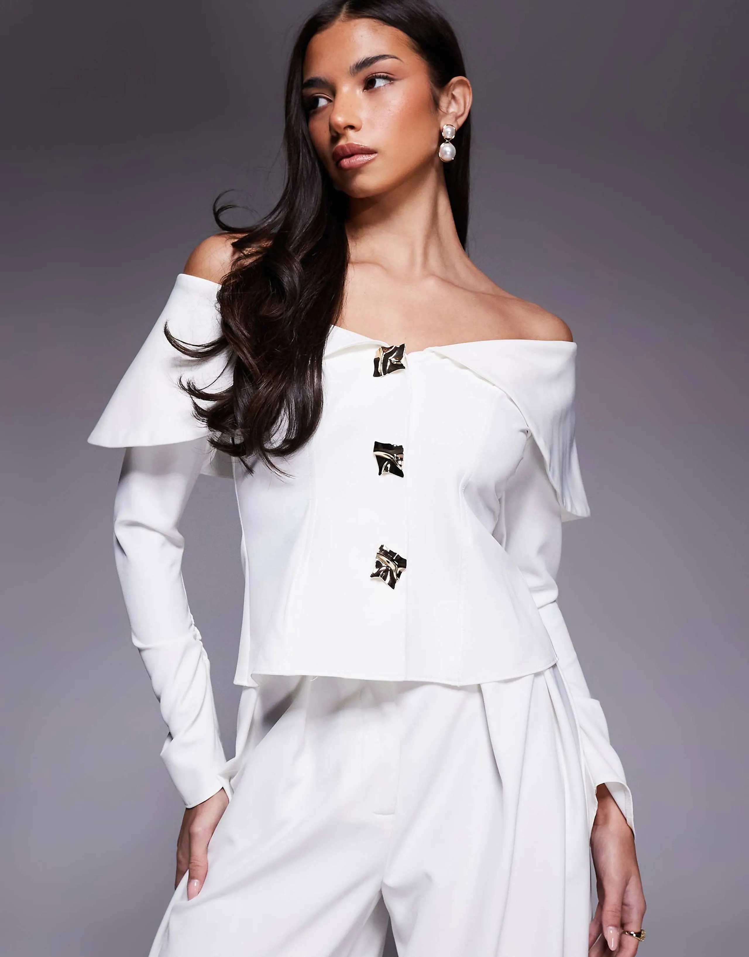 ASOS LUXE off the shoulder blazer with gold hardware in ivory - part of a set