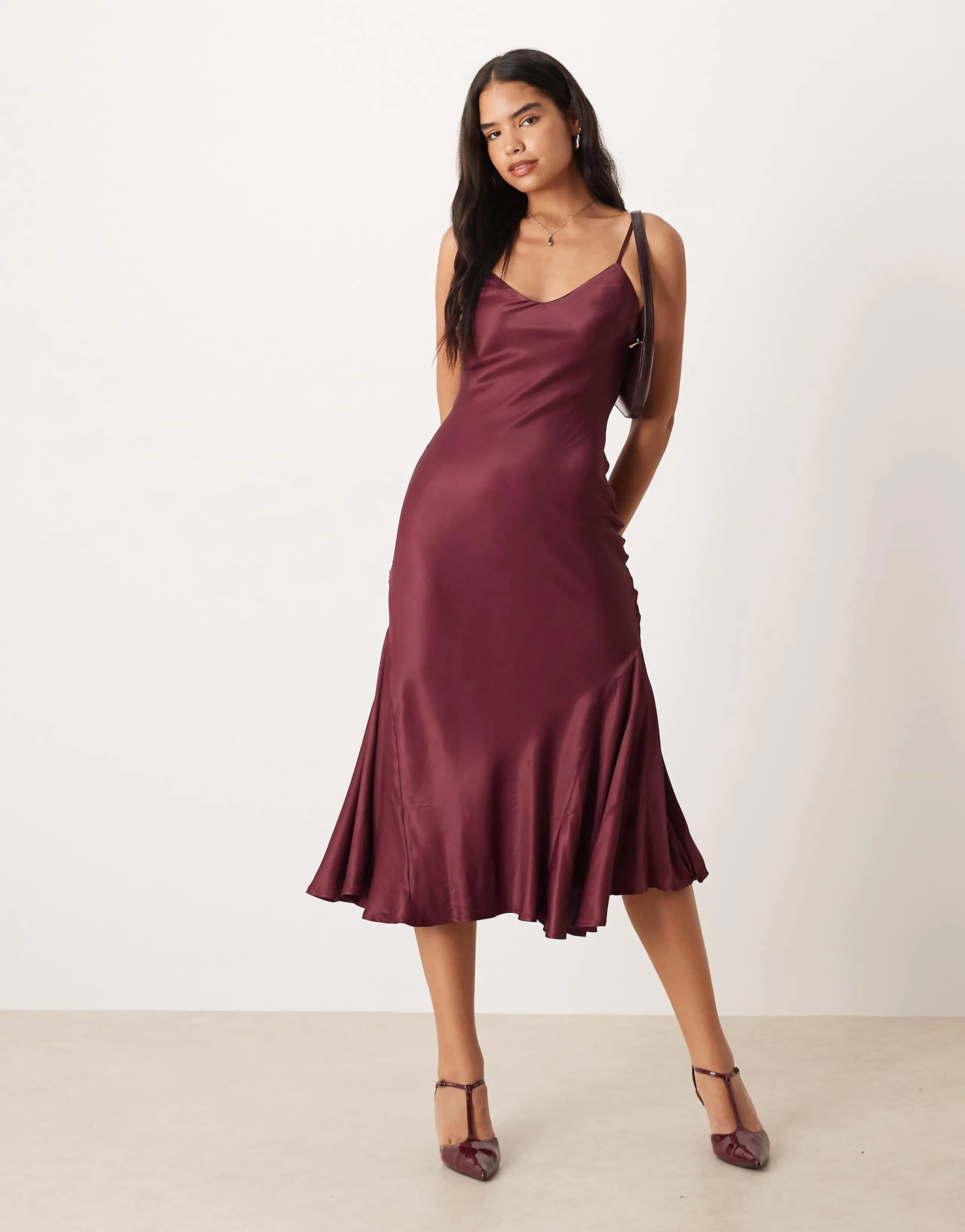 ASOS DESIGN v neck cami satin slip midi dress in burgundy