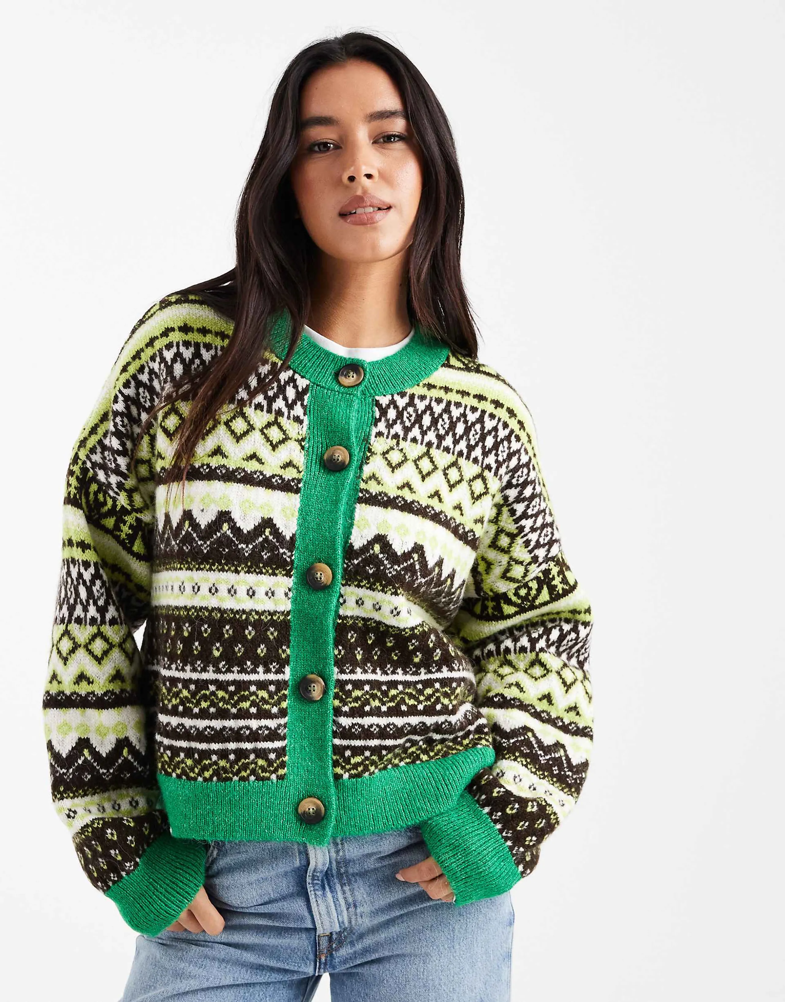 ASOS DESIGN knit fairisle cardigan in green