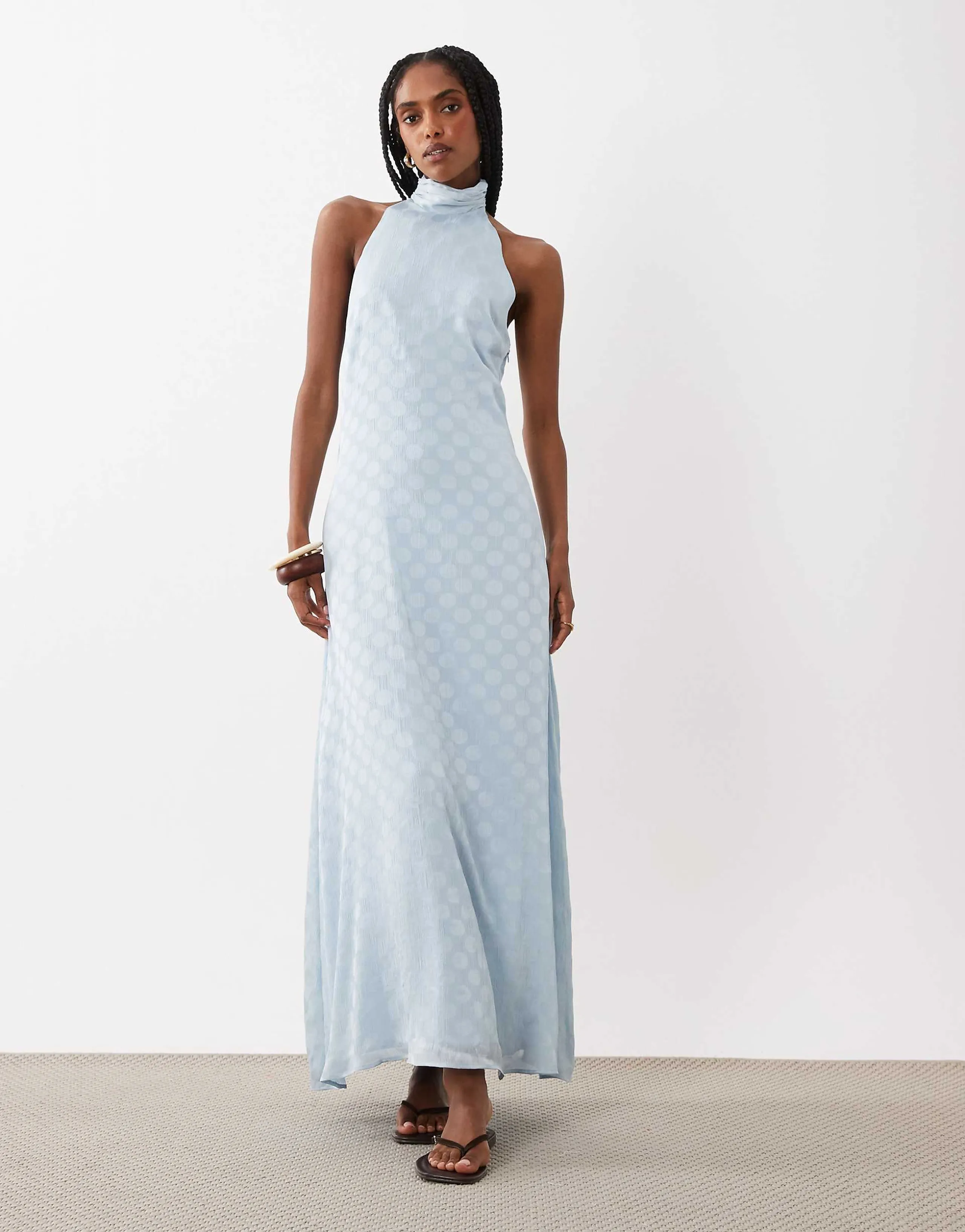 ASOS DESIGN chiffon high neck halter maxi dress in blue sheer polka dot print