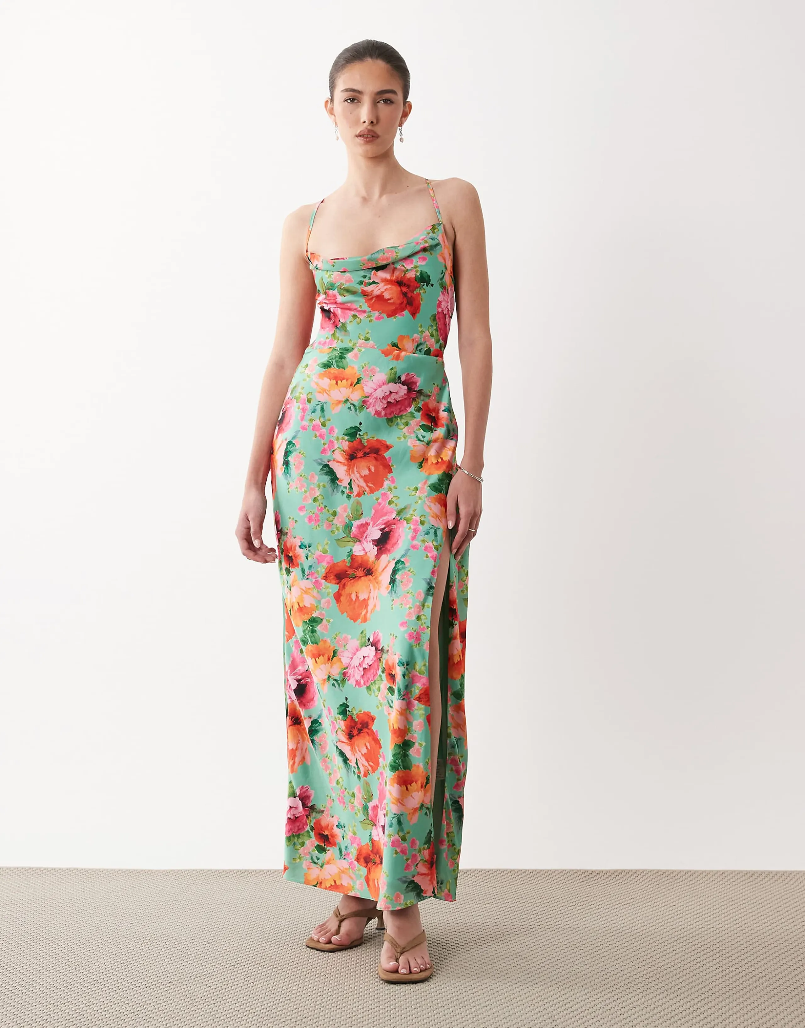 Hope & Ivy satin cami maxi dress in green floral print