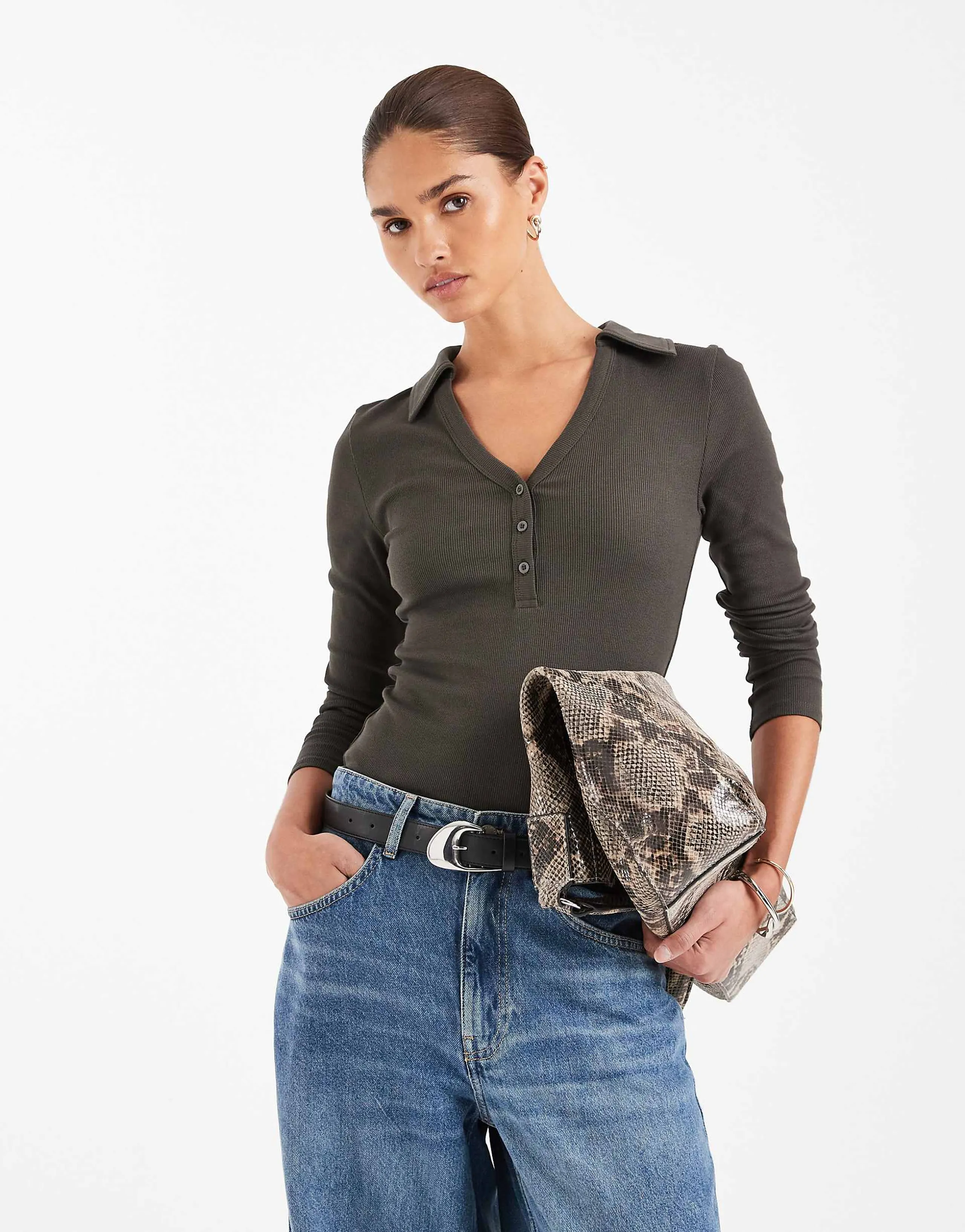 ASOS DESIGN shrunken rib henley long sleeve top with collar in charcoal